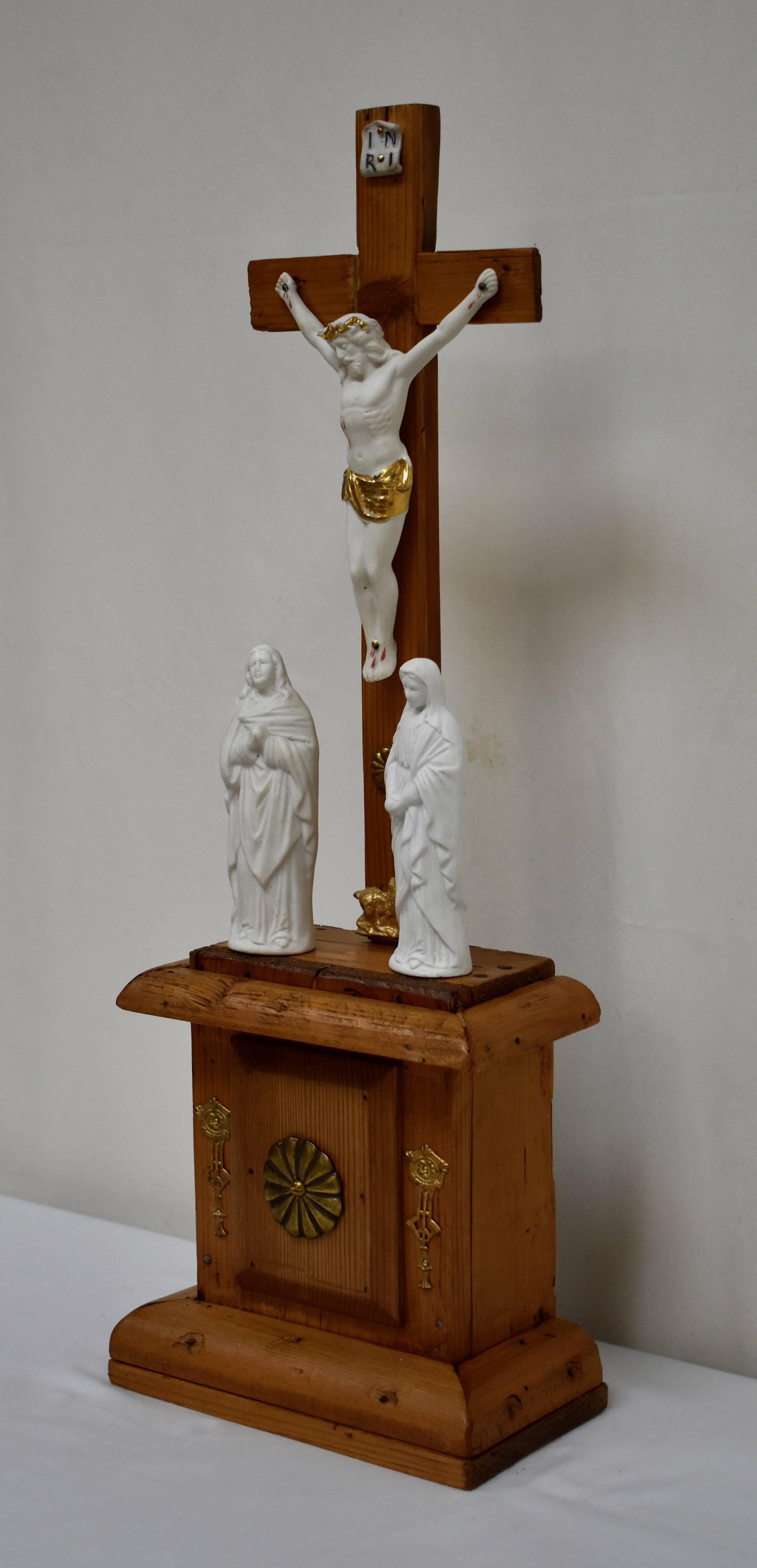 Hungarian Pine and Ceramic Devotional Altarpiece