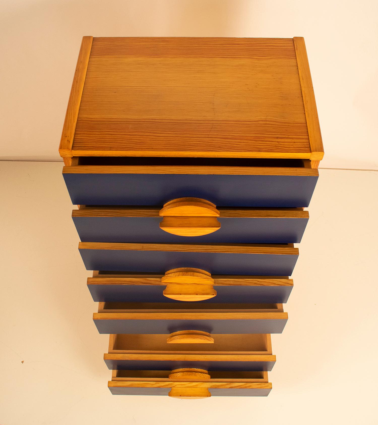 Mid-Century Modern Pine and Dark Blue Formica Chest of Drawers Dresser Chiffonier, Spain, 1970's