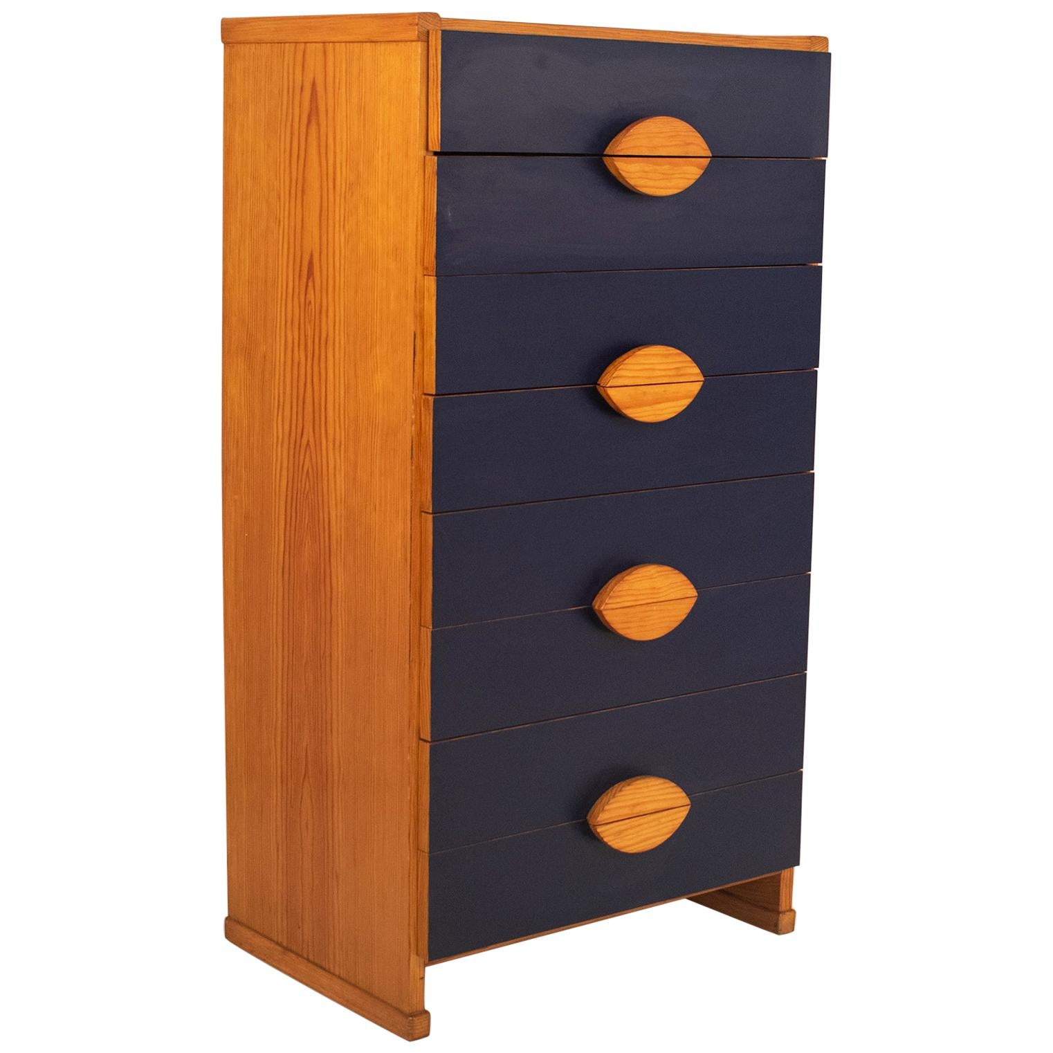 Pine and Dark Blue Formica Chest of Drawers Dresser Chiffonier, Spain, 1970's