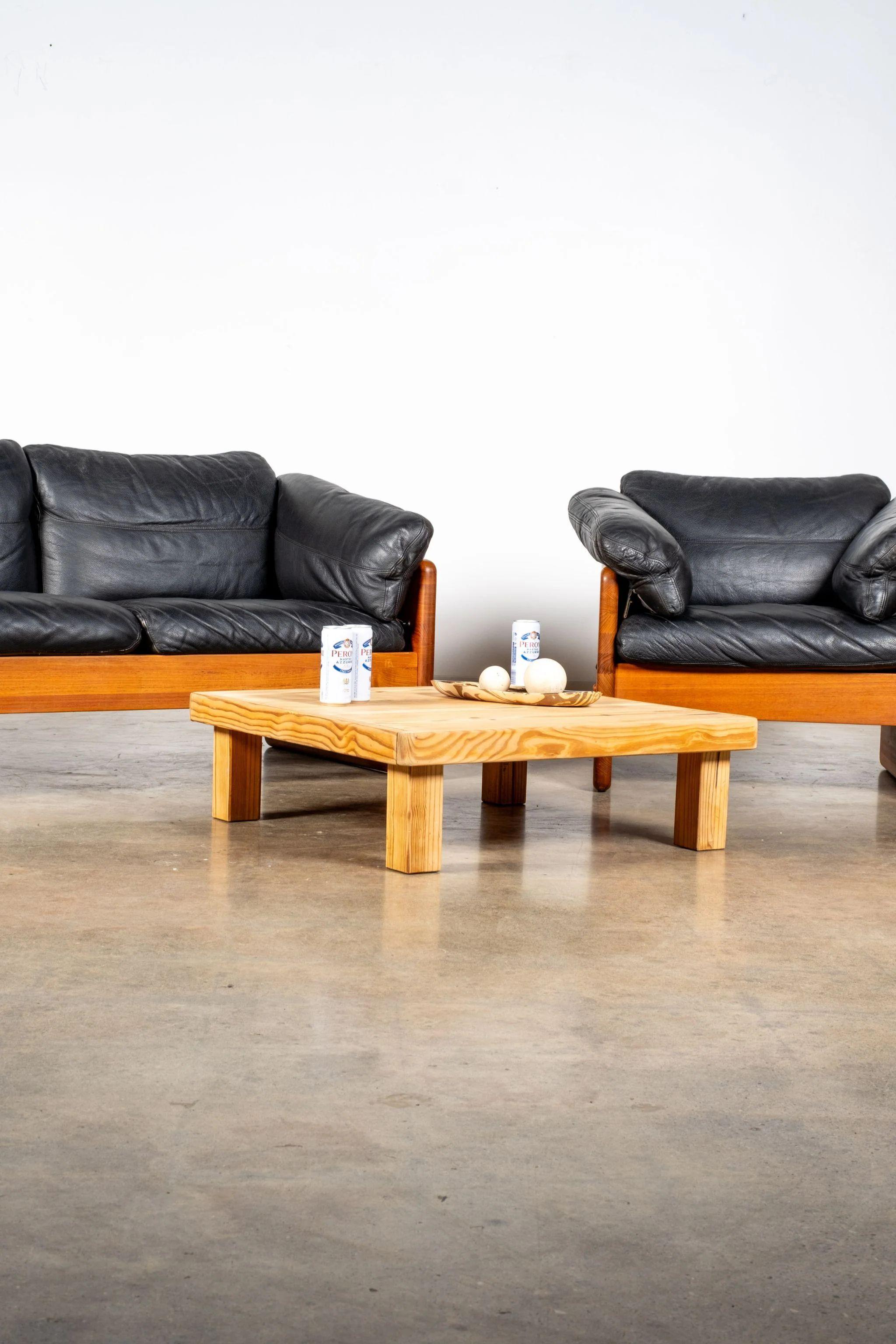 Brutalist Pine And Leather Lounge Chair For Sale