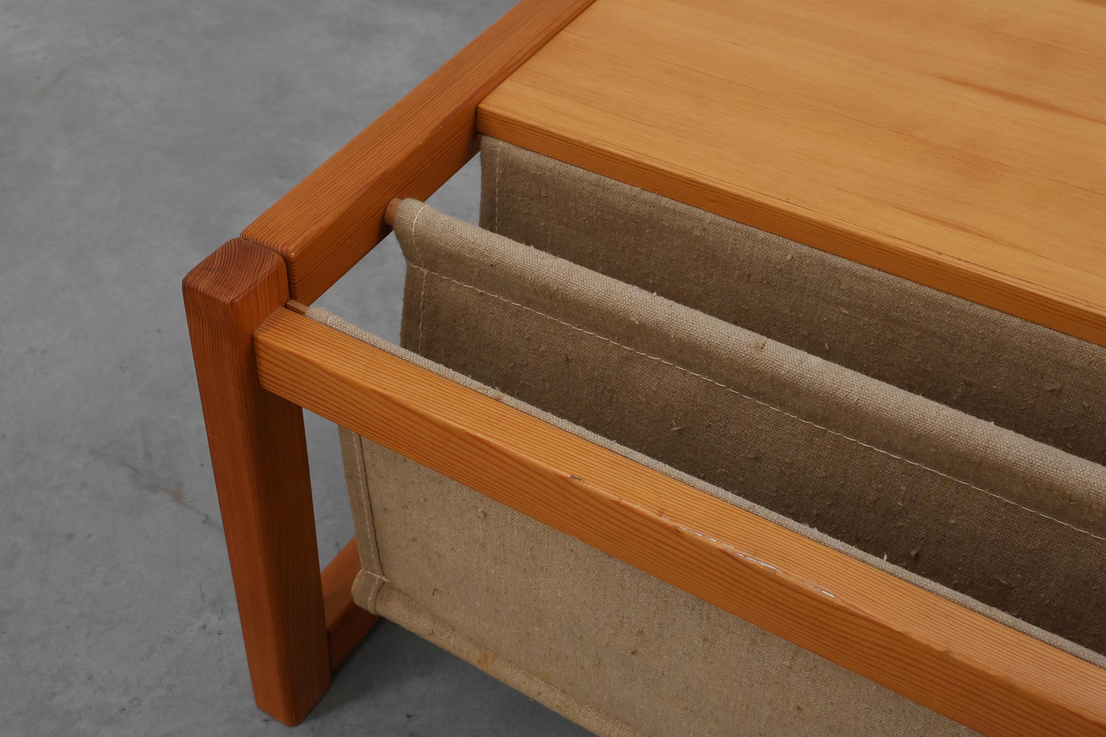 Pine and linen coffee table with magazine rack by Karin Möbring, Sweden 1970s For Sale 3