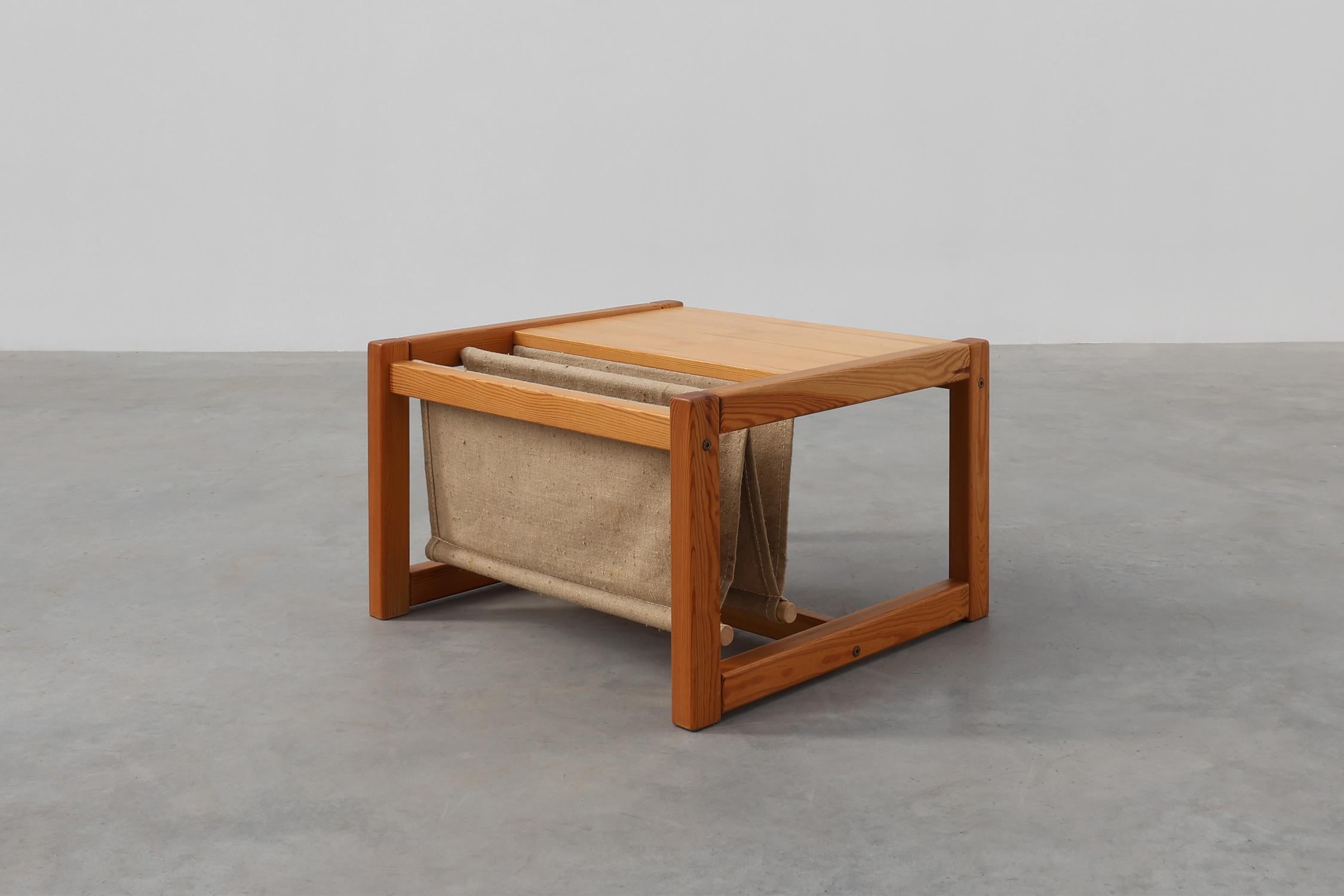 Mid-Century Modern Pine and linen coffee table with magazine rack by Karin Möbring, Sweden 1970s For Sale