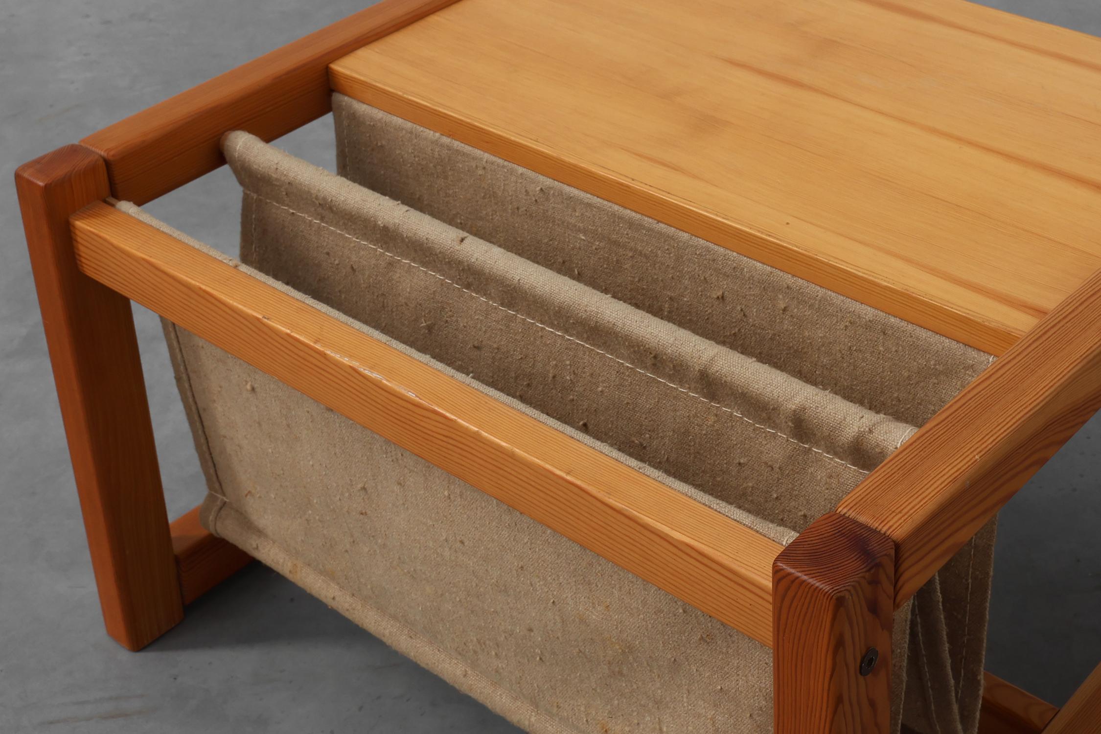 Swedish Pine and linen coffee table with magazine rack by Karin Möbring, Sweden 1970s For Sale