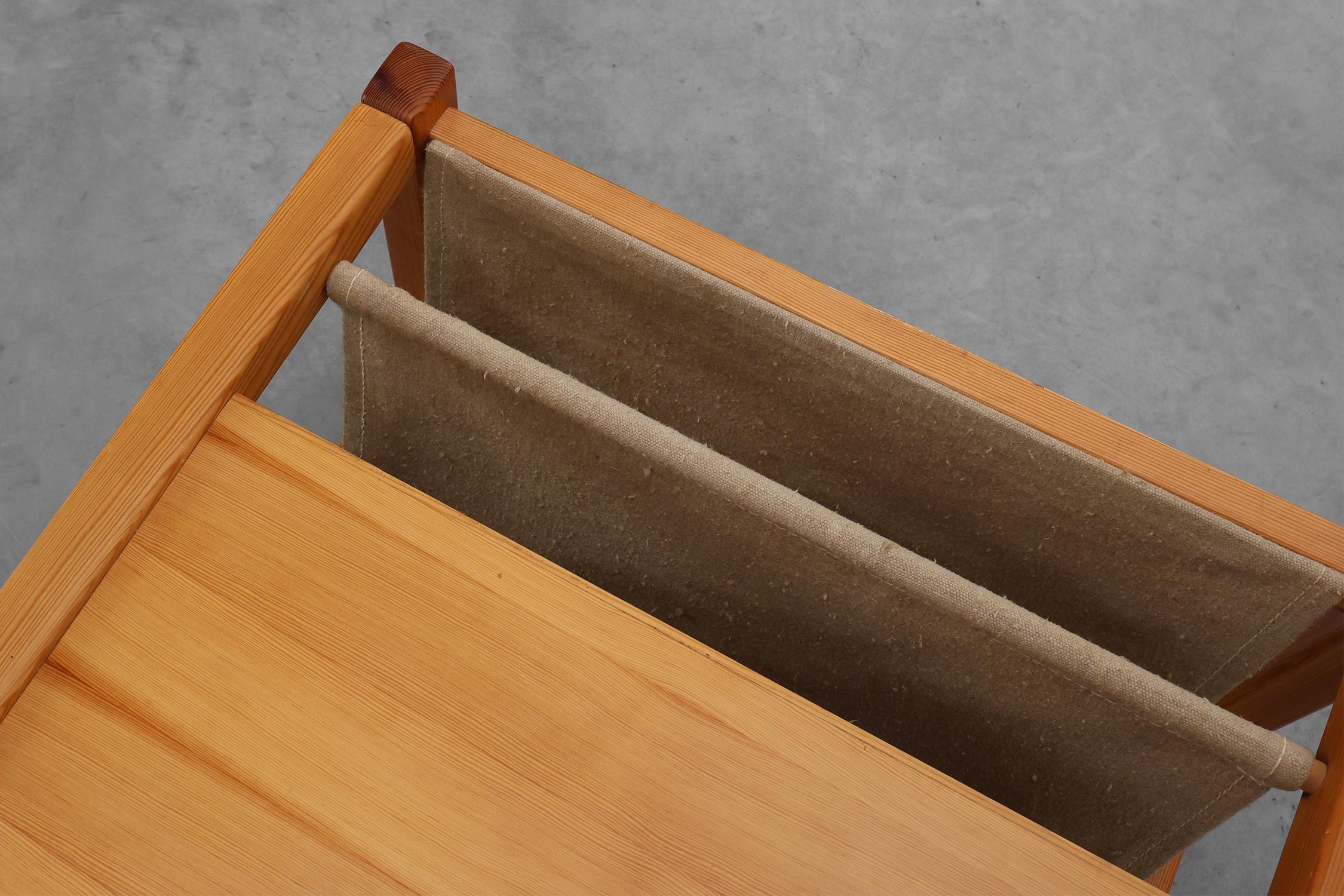 Pine and linen coffee table with magazine rack by Karin Möbring, Sweden 1970s For Sale 1