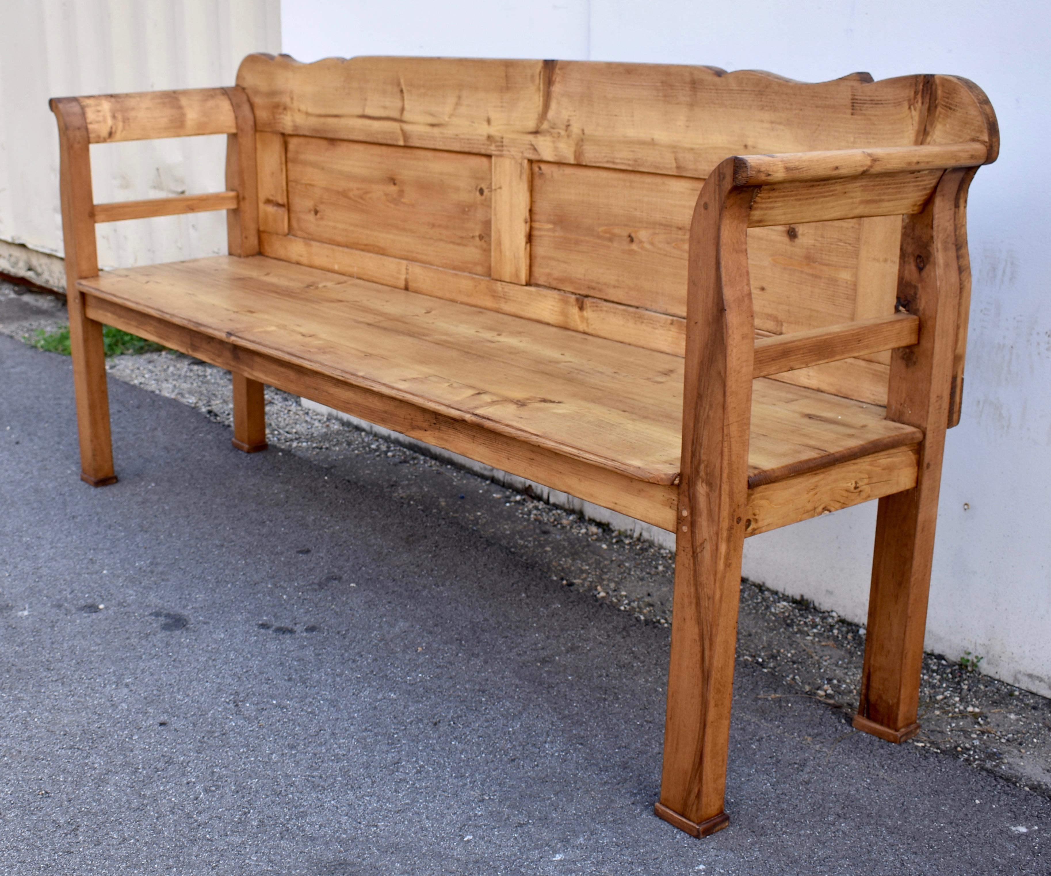 Polished Pine and Oak Paneled Bench or Settle.