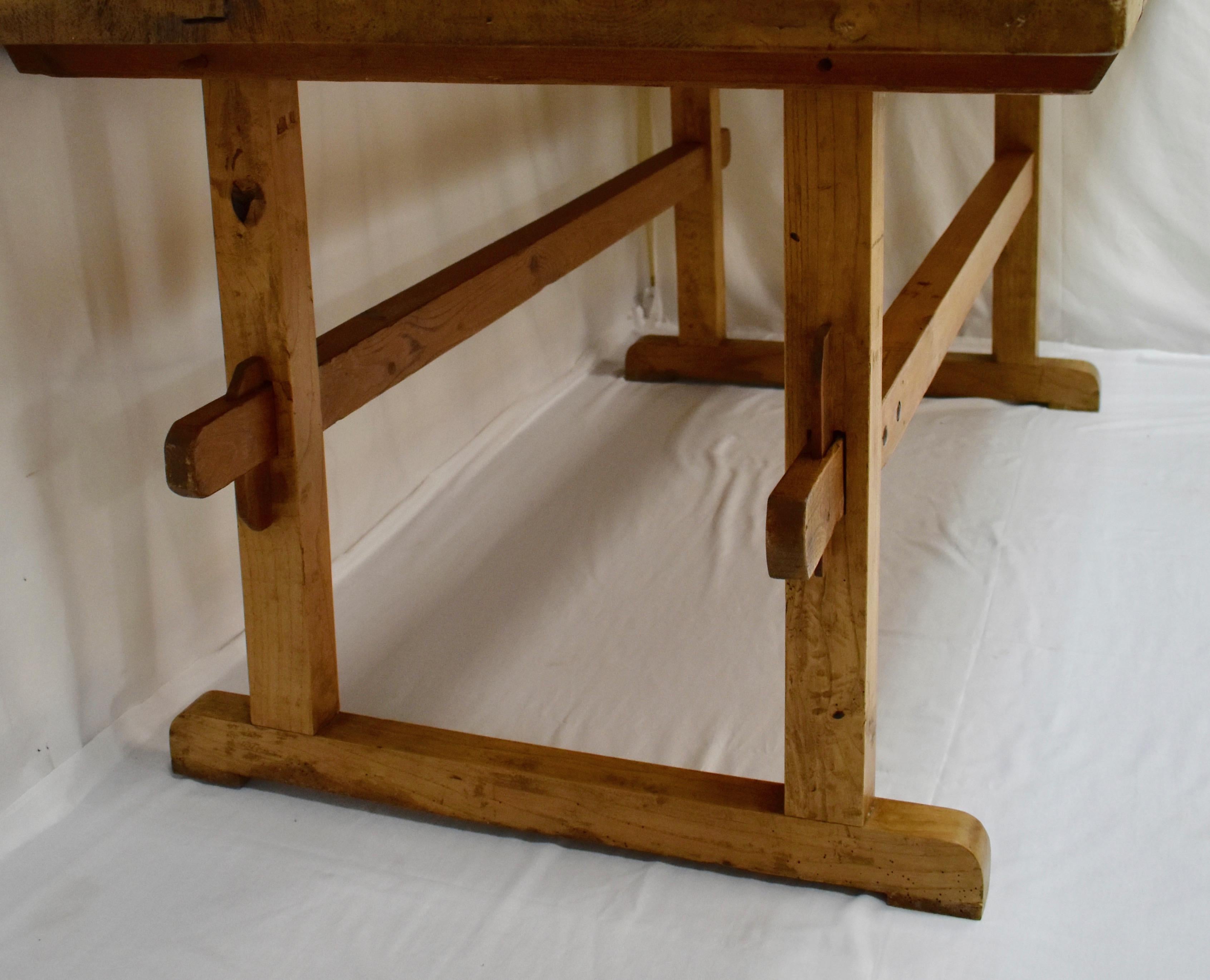 Hungarian Pine and Oak Stretcher Base Trestle Table