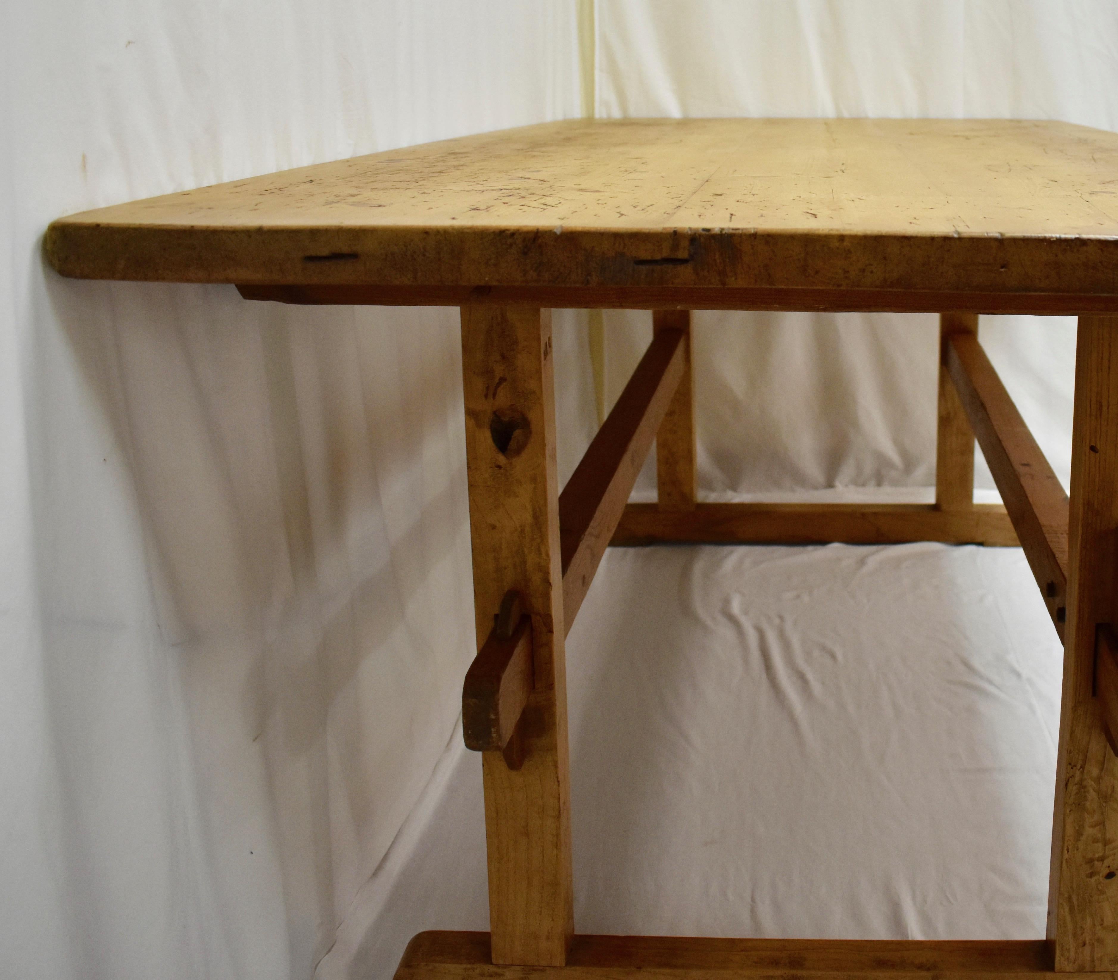 Polished Pine and Oak Stretcher Base Trestle Table