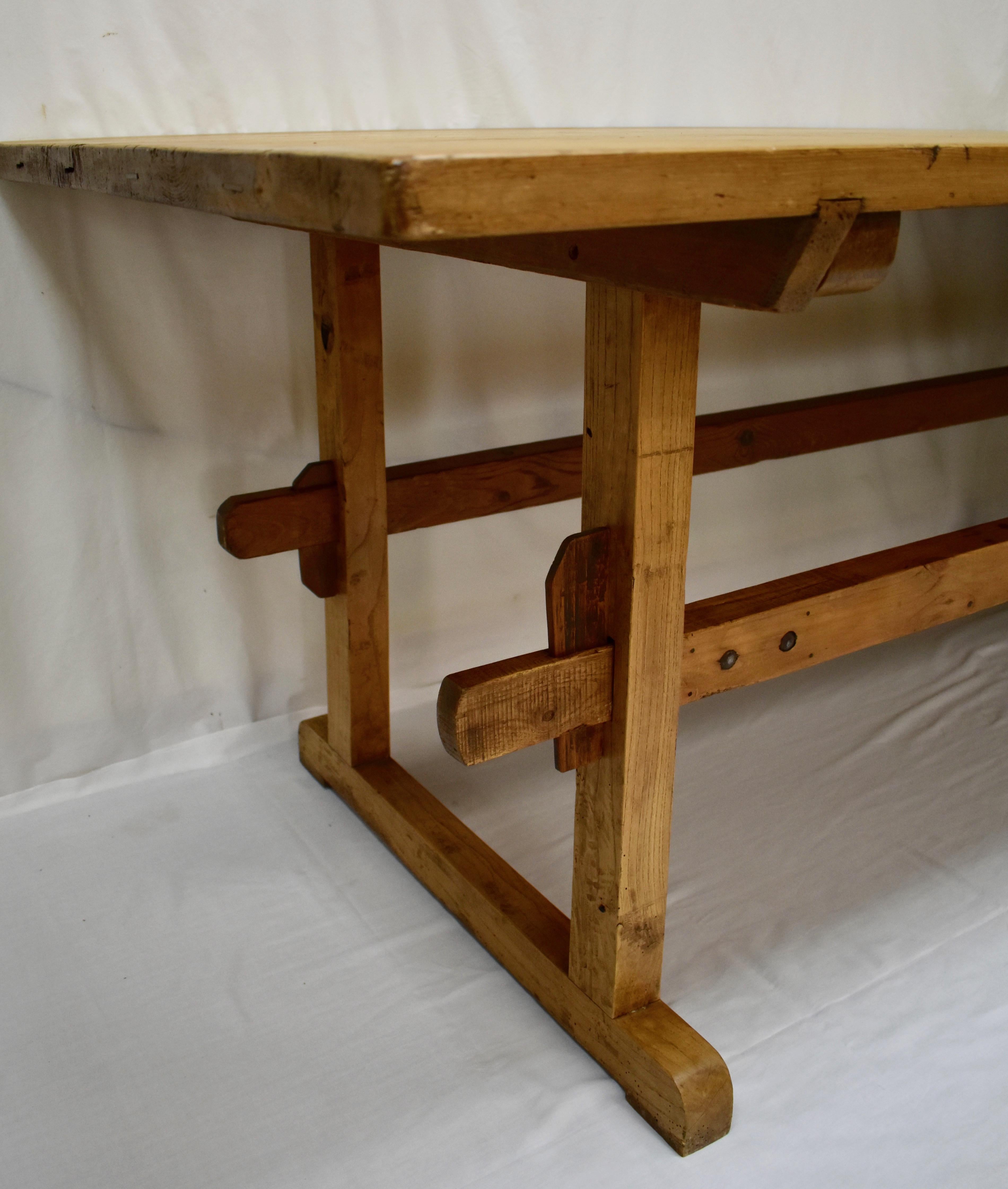 Pine and Oak Stretcher Base Trestle Table In Good Condition In Baltimore, MD