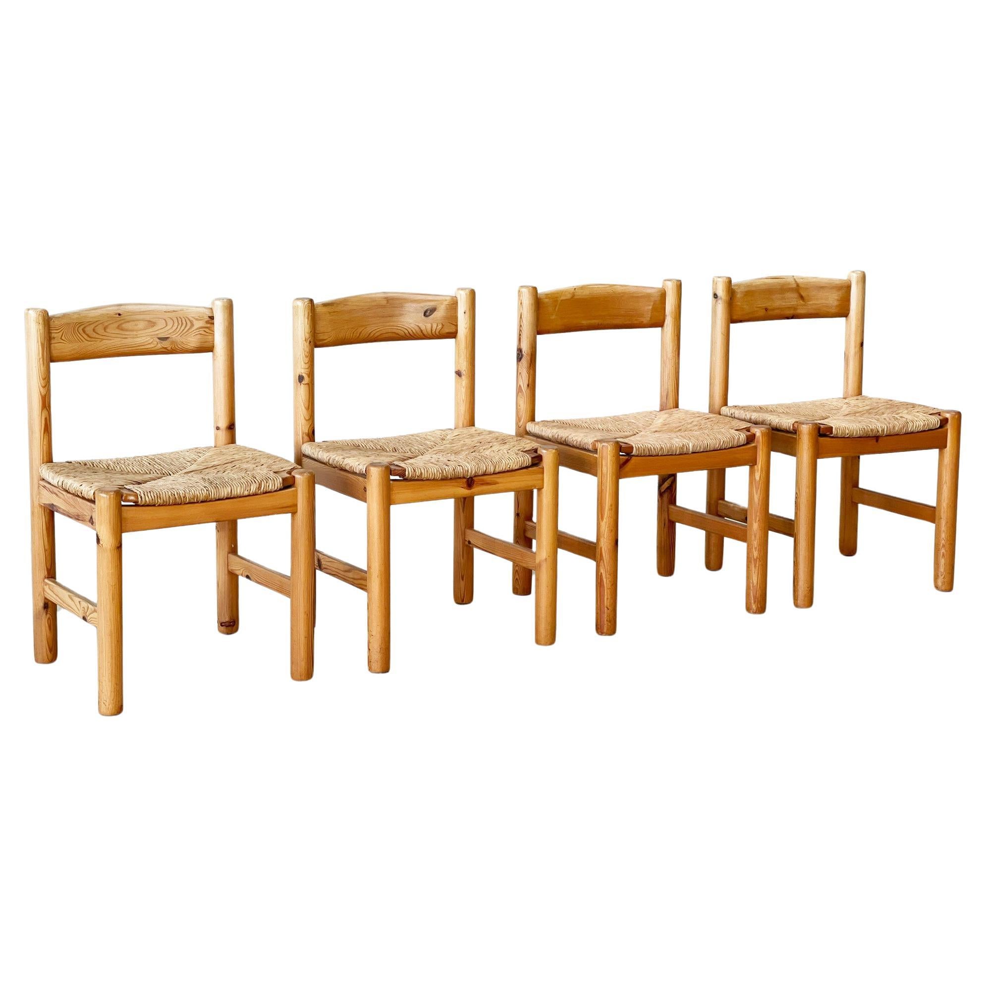 Pine and rattan elegant dining chairs For Sale