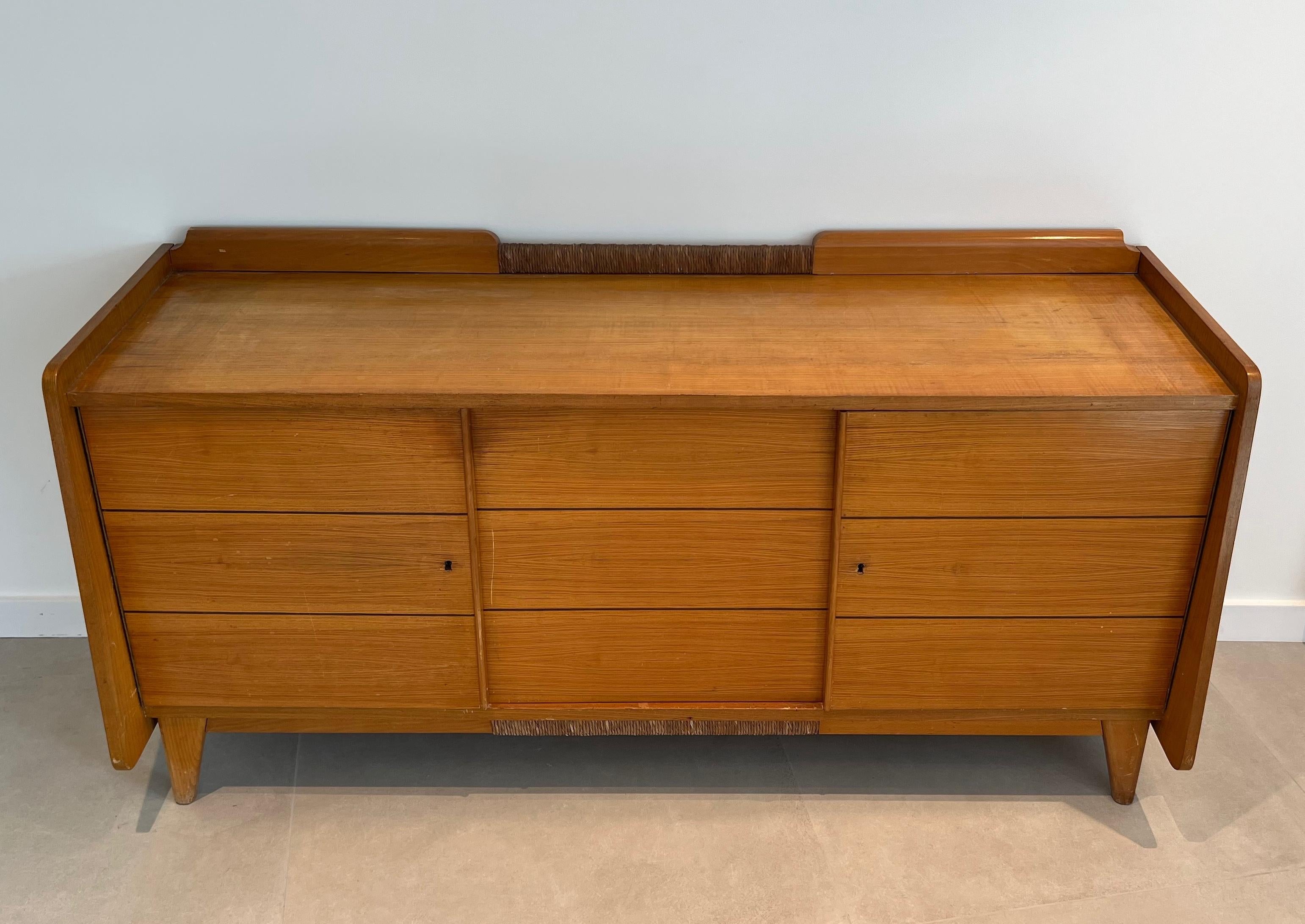 Mid-Century Modern Pine and Rattan Sideboard. French work. Circa 1970 For Sale