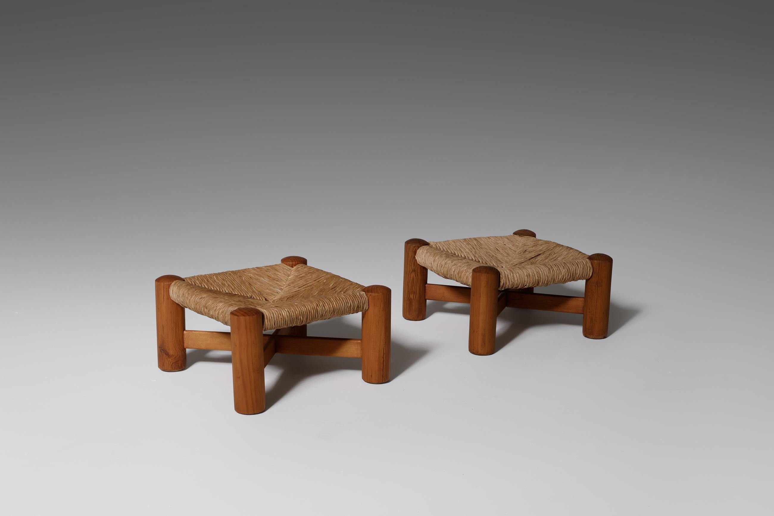 Footstools by Wim Den Boon, Netherlands, 1950. Modernist design made of solid pine and Rush. In the style of Charlotte Perriand. In good condition with a nice patina.
