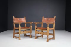 Pine and Saddle Leather Arm Chairs, France, 1940s