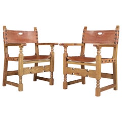 Pine and Saddle Leather Arm Chairs, France, 1940s
