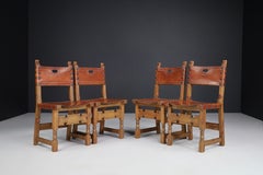 Pine and Saddle Leather Dinning Chairs, France 1940s