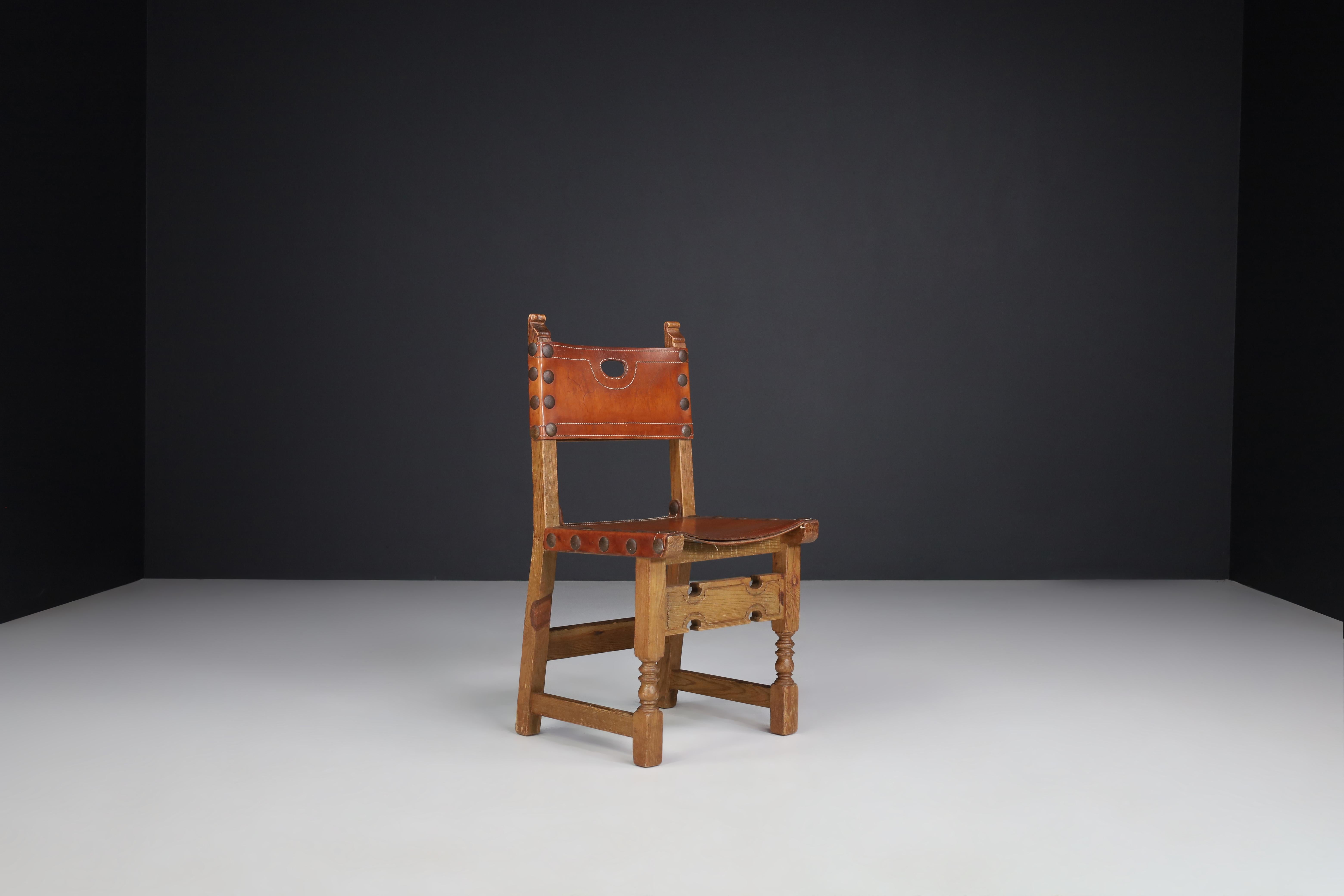 Pine and Saddle Leather Dinning Chairs, France 1940s For Sale 1