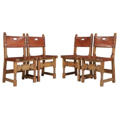 Pine and Saddle Leather Dinning Chairs, France 1940s