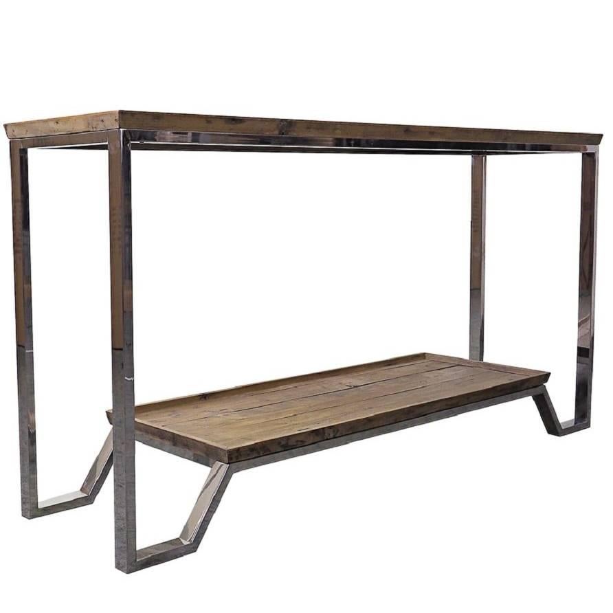 Pine and Stainless Steel Console Table For Sale