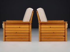 Pine and Teddy Fabric Lounge Chairs, France, 1960s