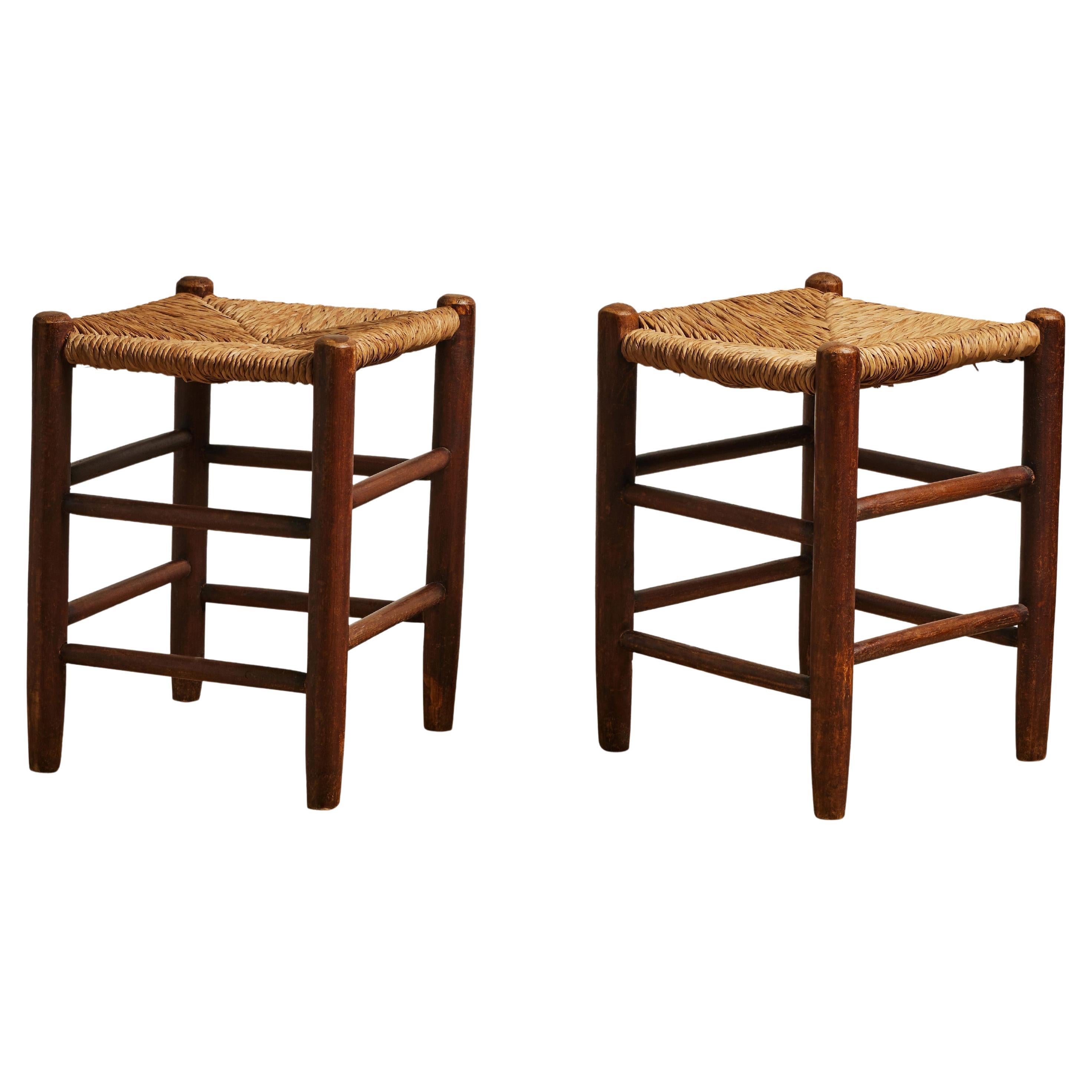 Pine and Woven Rush Stools in the Manner of Charlotte Perriand, France, c. 1960