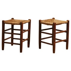 Pine and Woven Rush Stools in the Manner of Charlotte Perriand, France, c. 1960