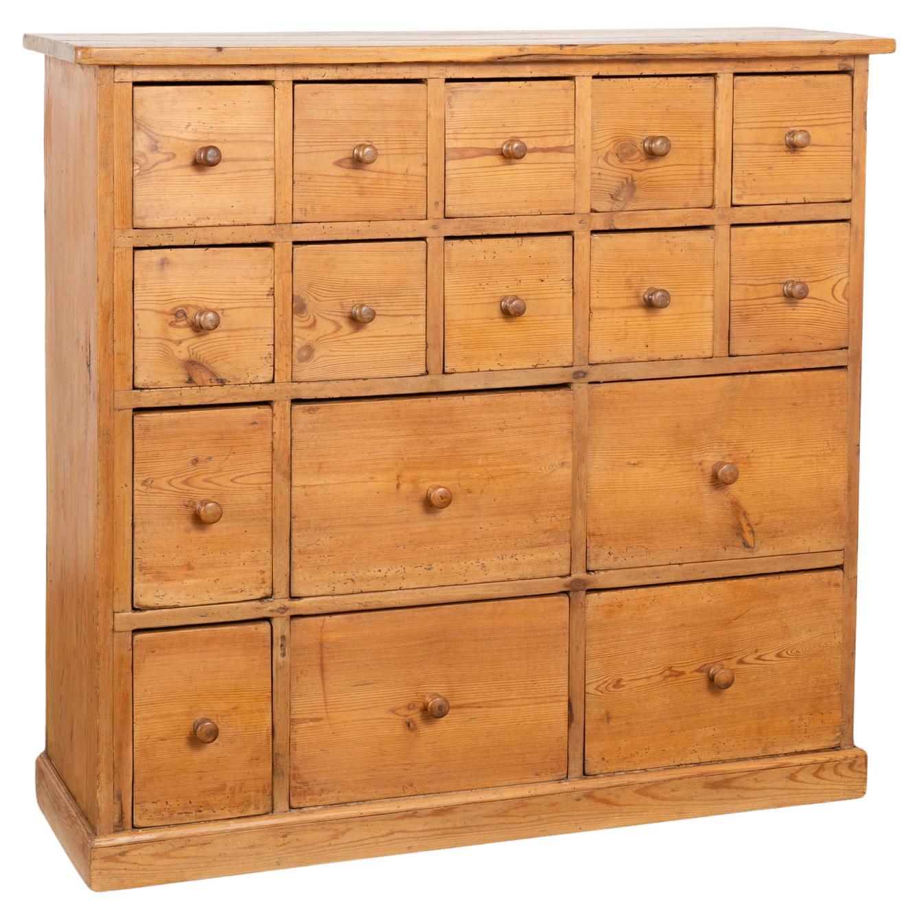 Pine Apothecary Console Chest of 16 Drawers, Denmark circa 1880 For Sale