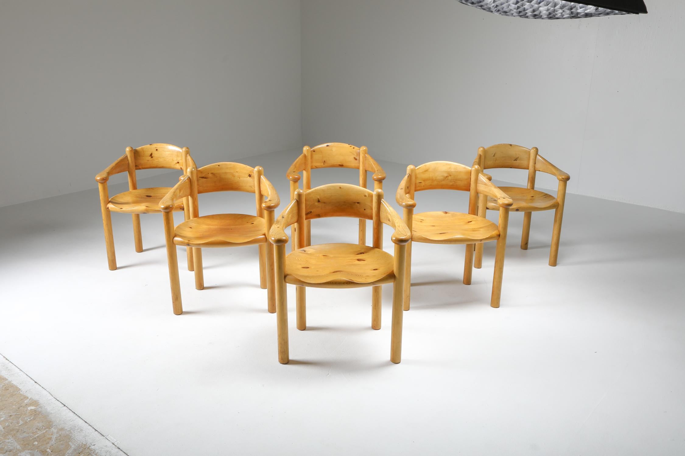 Rainer Daumiller, for Hirtshals Savvaerk, set of six armchairs, pine, Denmark, 1970s. 

Set of six armchairs in solid pine. 
A simplistic design with a round seating and full attention for the natural expression and grain of the wood. These