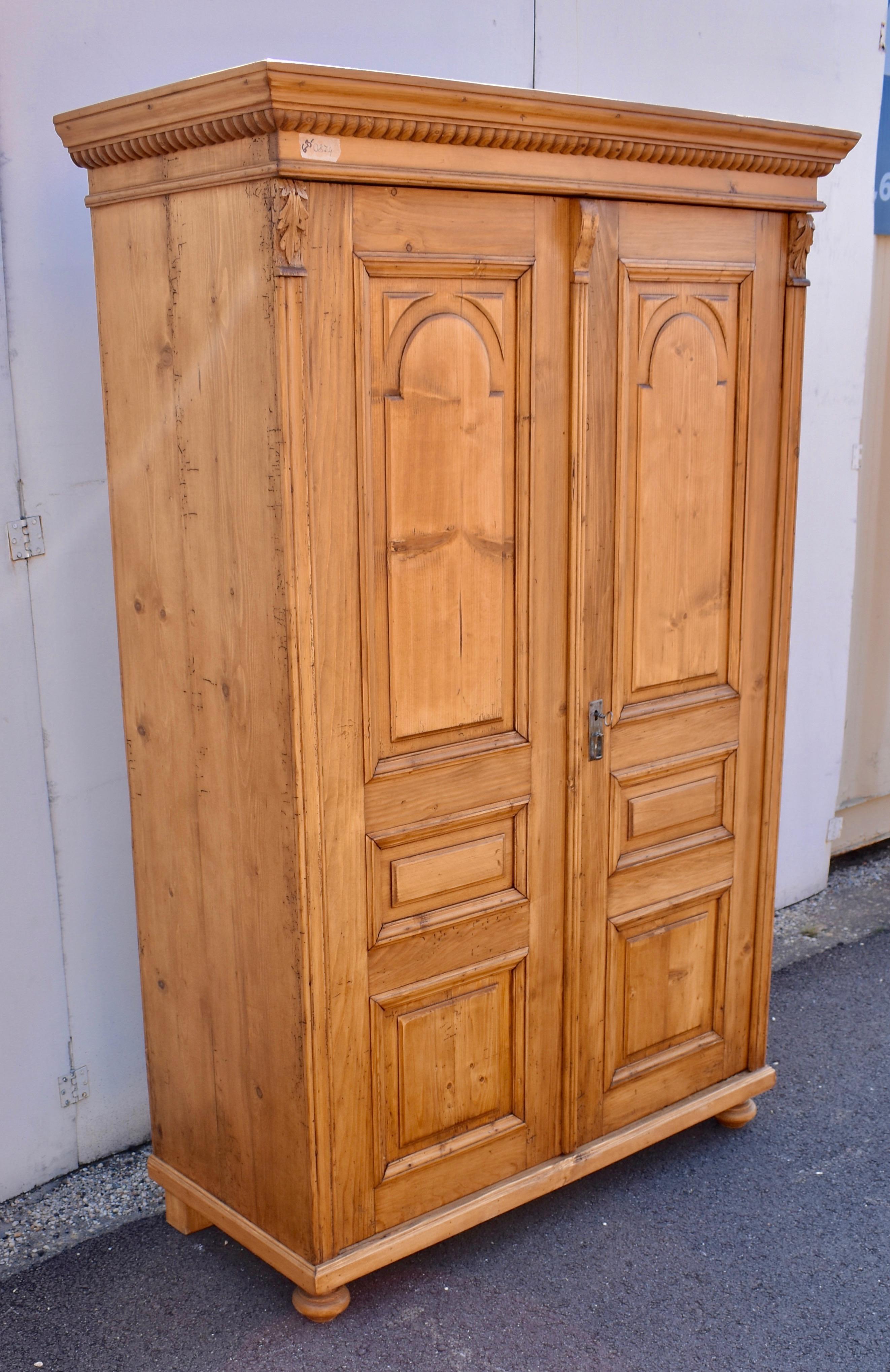 Polished Pine Armoire with Two Raised Panel Doors For Sale