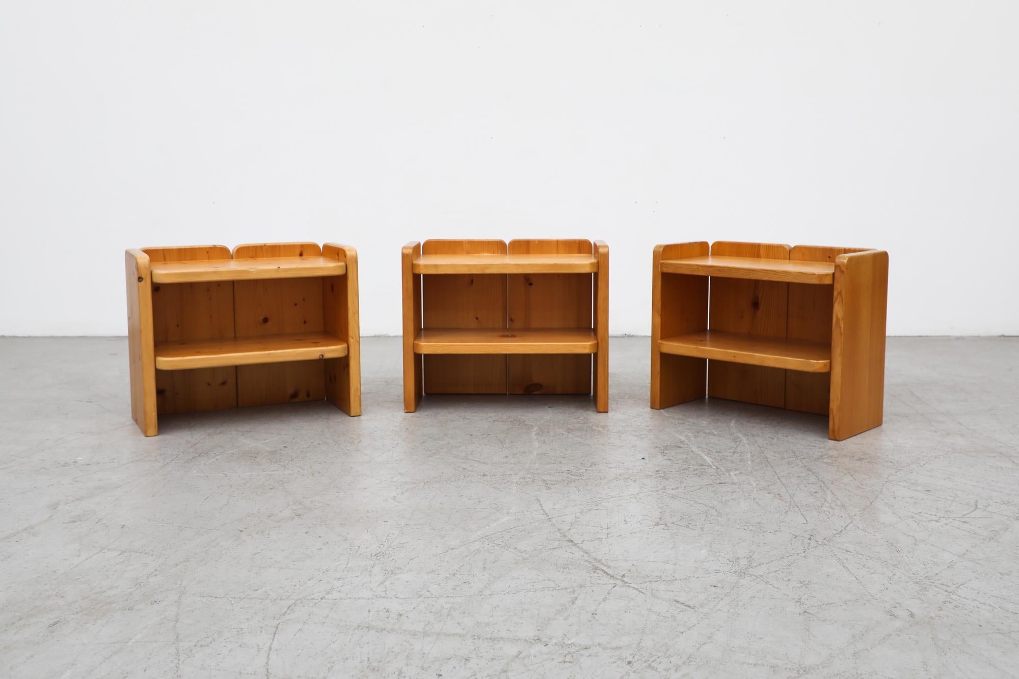 Ate Van Apeldoorn pine nightstands. These can be used as little bookshelves or vanity stools. In original condition with some visible wear consistent with their age and use. Sold individually.