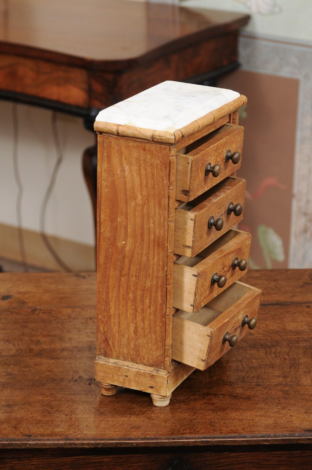 English Pine Bamboo Style Apprentice Chest / Jewelry Box, Marble Top & 4 Drawers For Sale