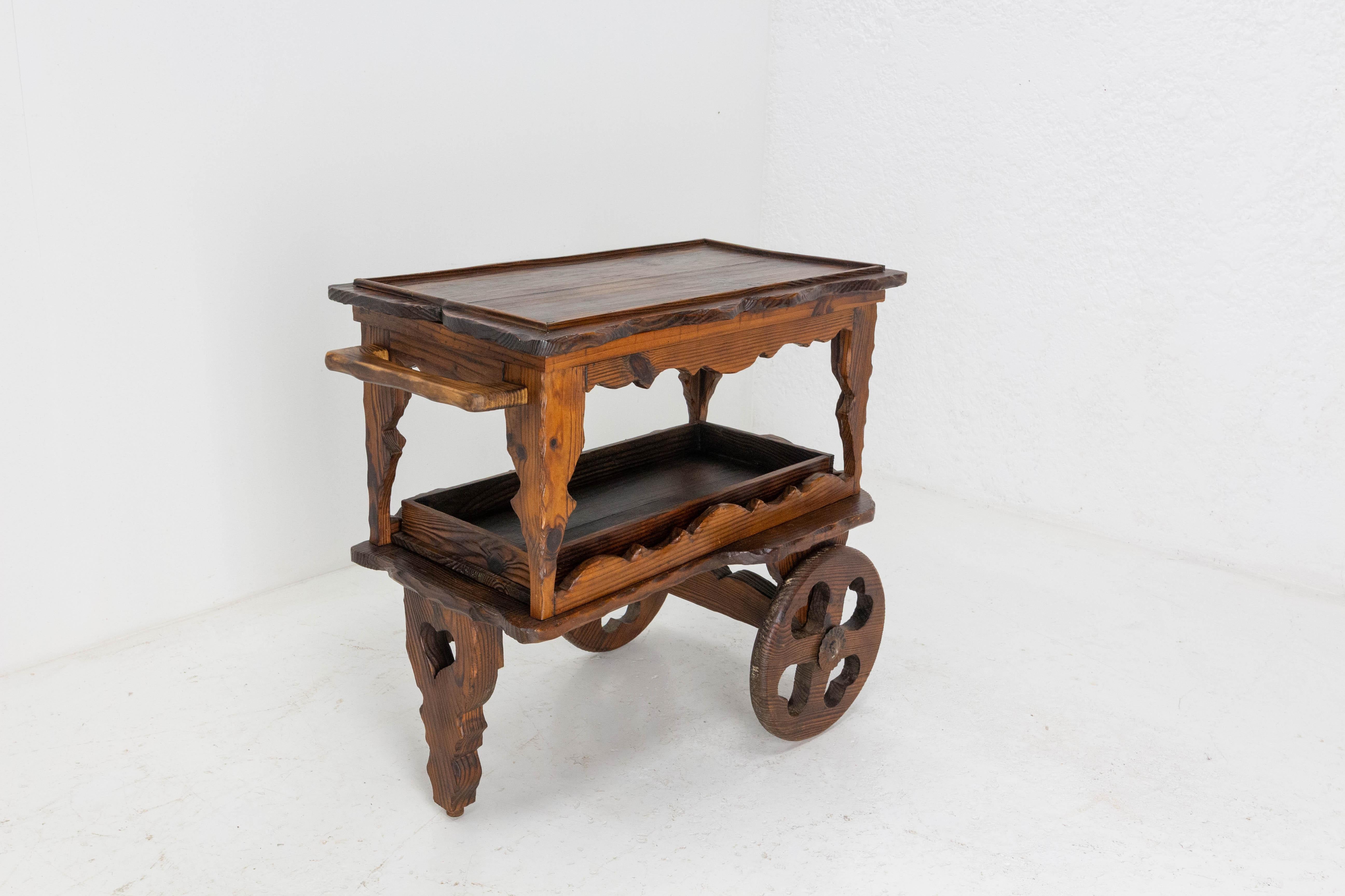 French Pine Bar Cart Drinks Cocktail Table Trolley, Spain, circa 1960