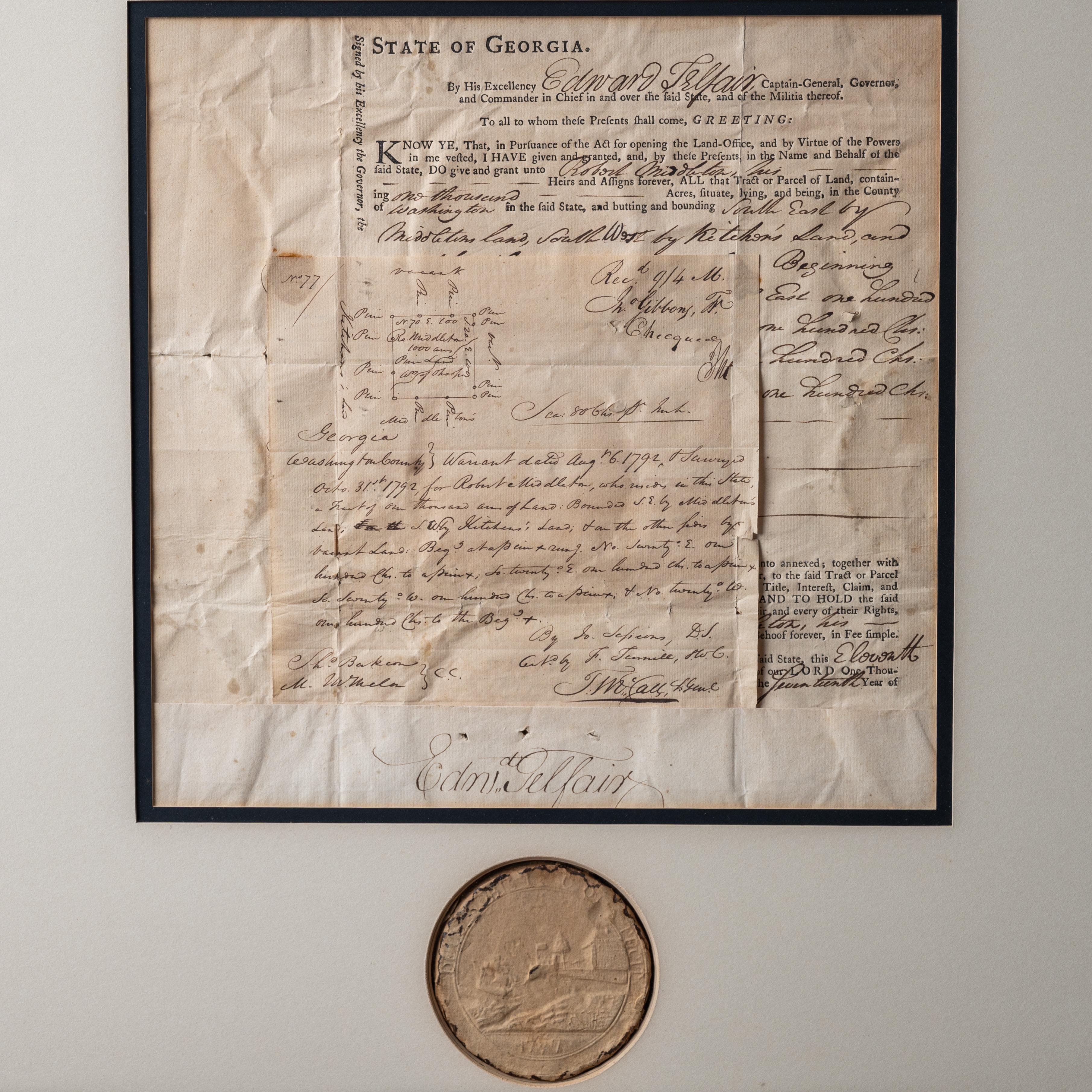 American Pine Barrens Speculation, Edward Telfair Georgia Land Grant, 1792 For Sale