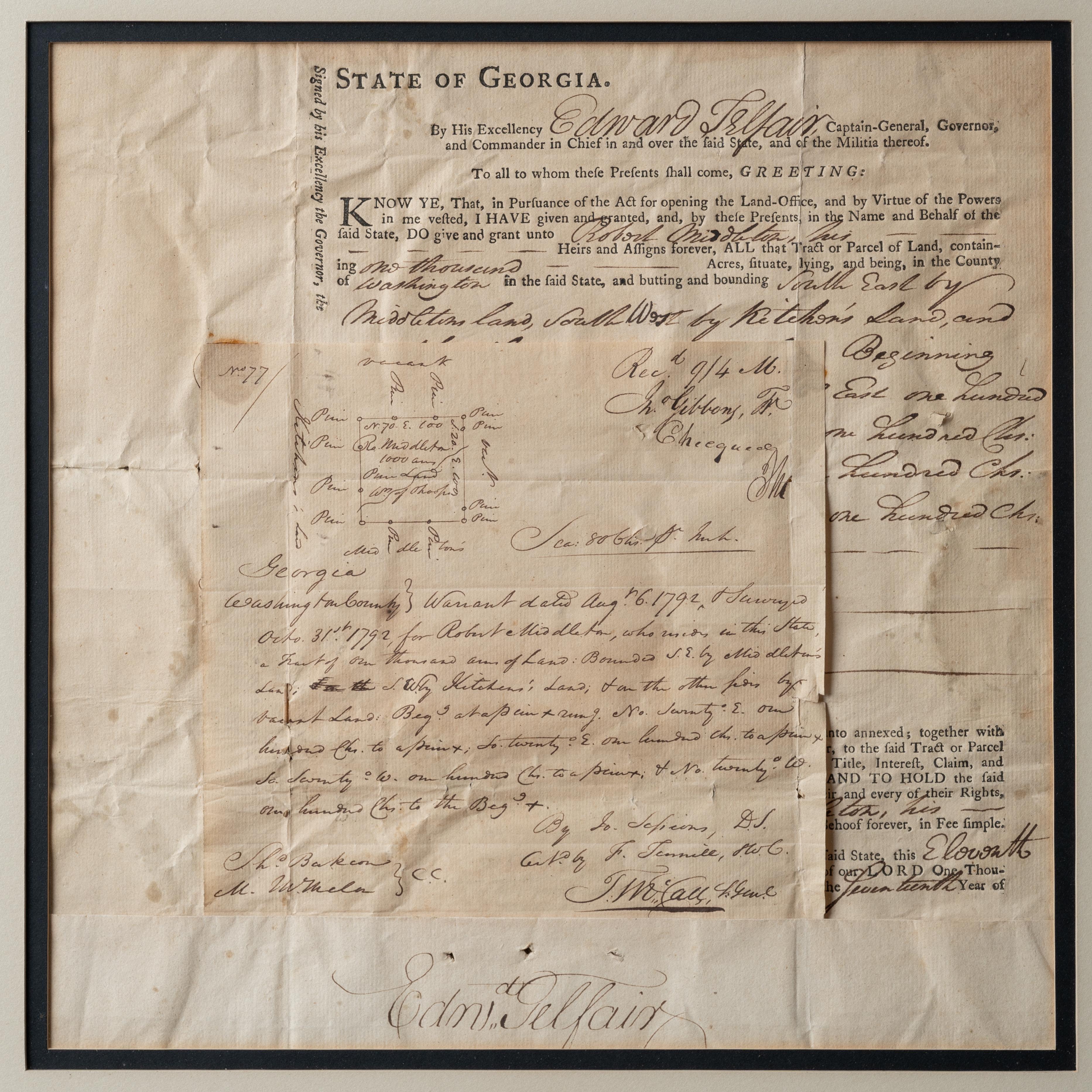 Pine Barrens Speculation, Edward Telfair Georgia Land Grant, 1792 In Good Condition For Sale In Savannah, GA