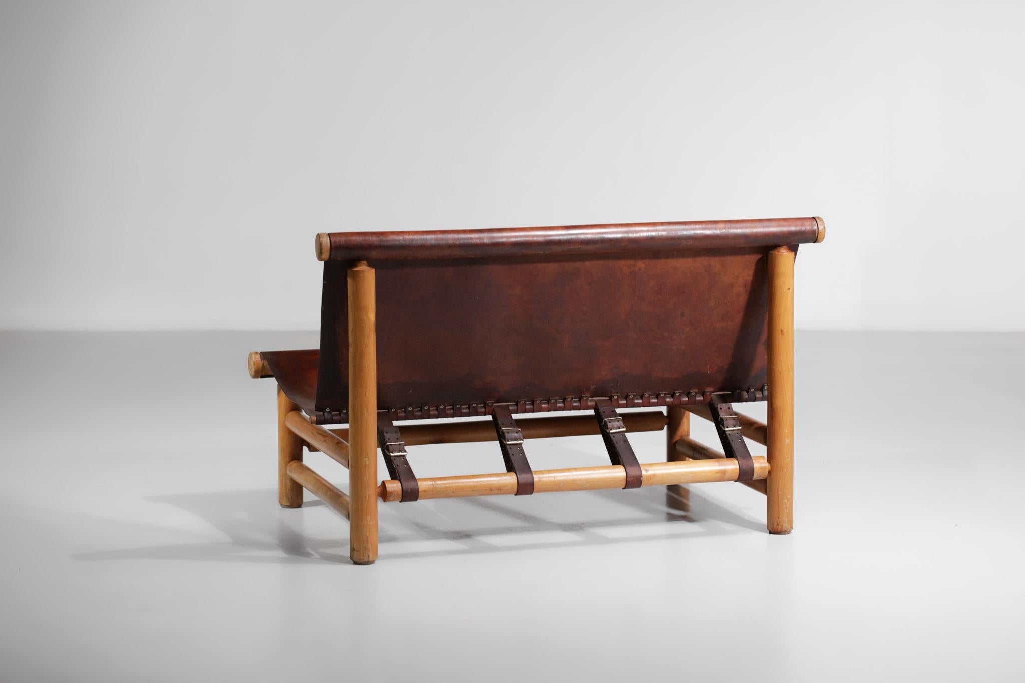 Pine Bench 50s Style Charlotte Perriand or Ilmarii Tapiovaraa Cognac Leather For Sale 4