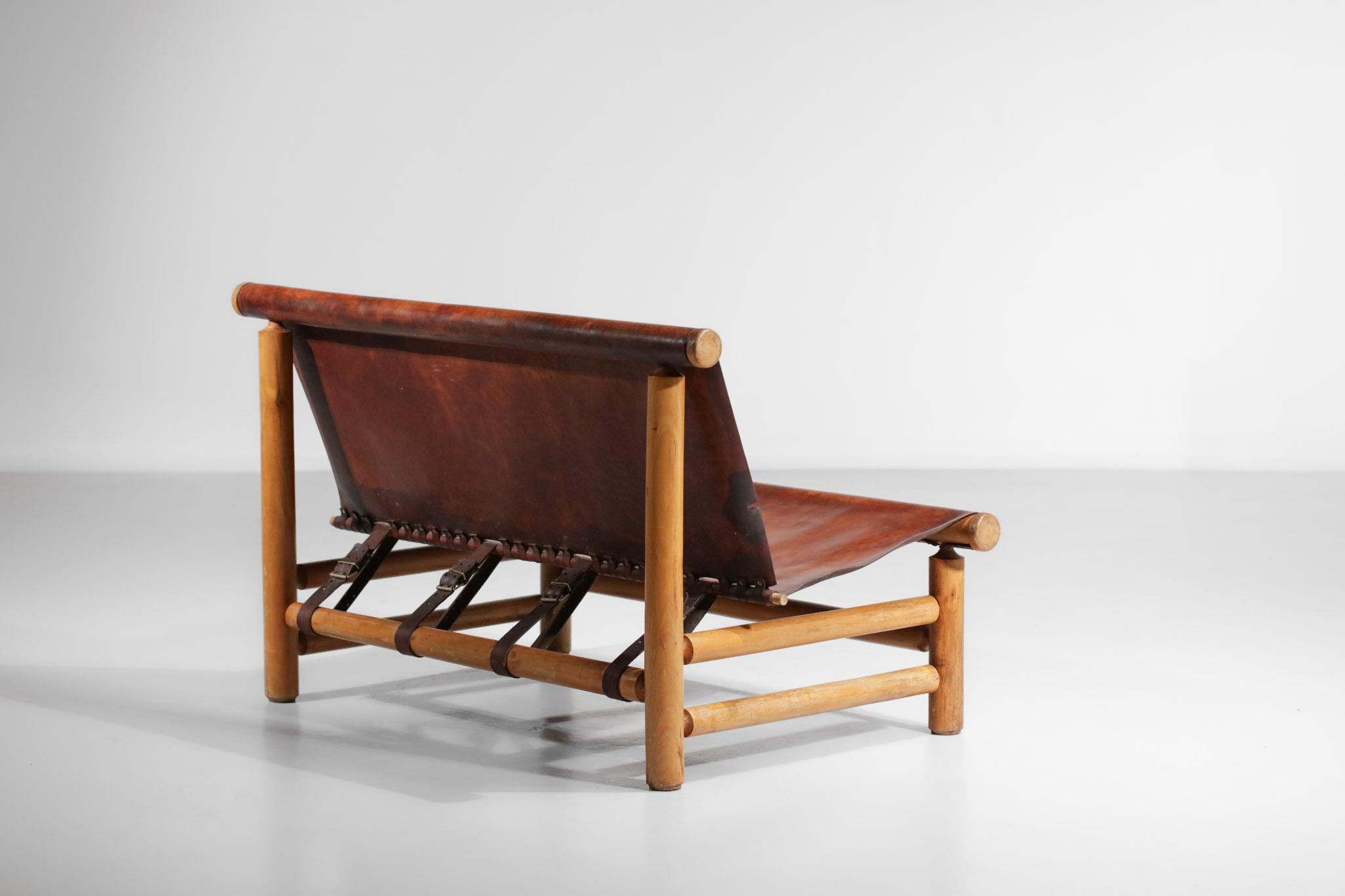 Pine Bench 50s Style Charlotte Perriand or Ilmarii Tapiovaraa Cognac Leather For Sale 6