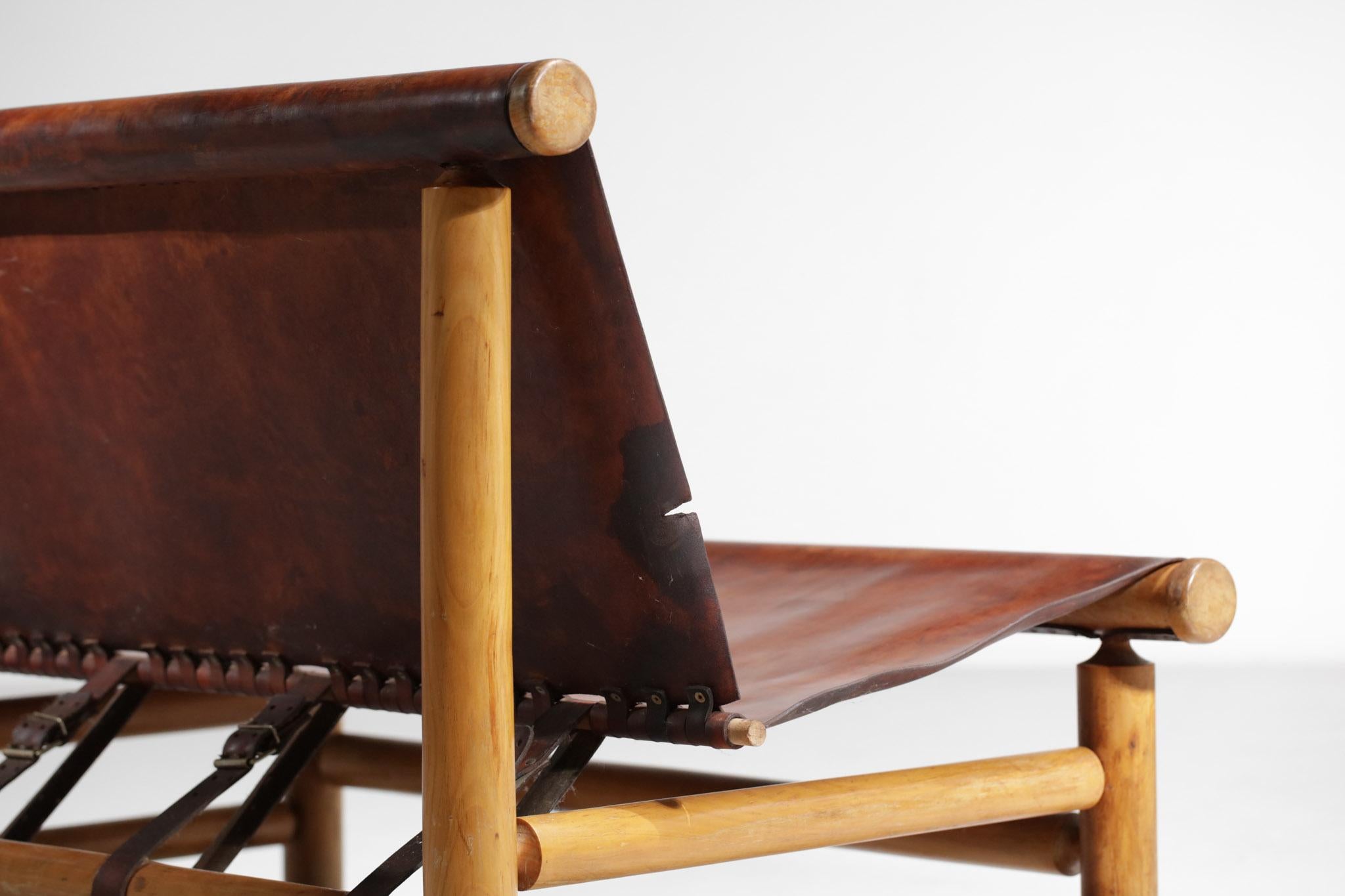 Pine Bench 50s Style Charlotte Perriand or Ilmarii Tapiovaraa Cognac Leather 7