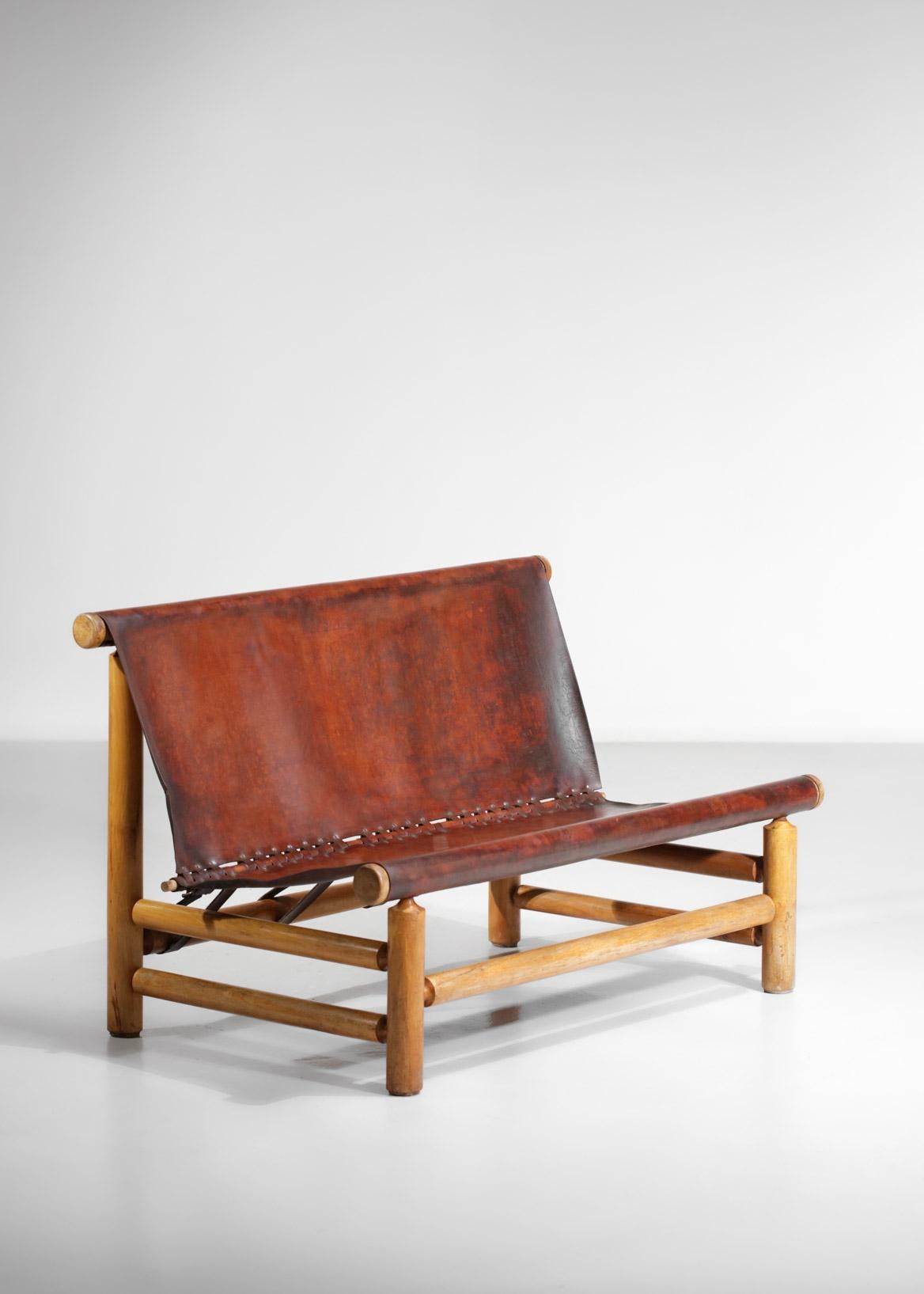 Pine Bench 50s Style Charlotte Perriand or Ilmarii Tapiovaraa Cognac Leather For Sale 8