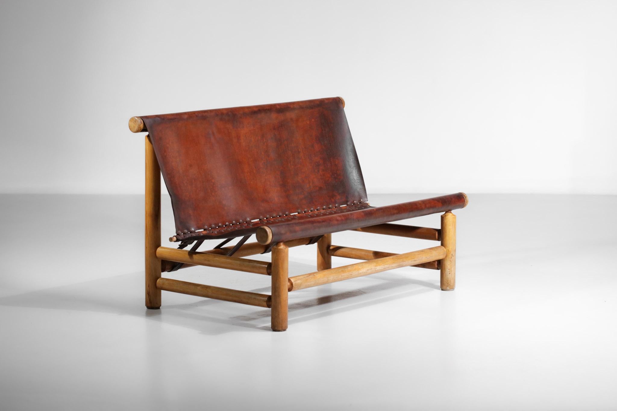 Pine Bench 50s Style Charlotte Perriand or Ilmarii Tapiovaraa Cognac Leather For Sale 10