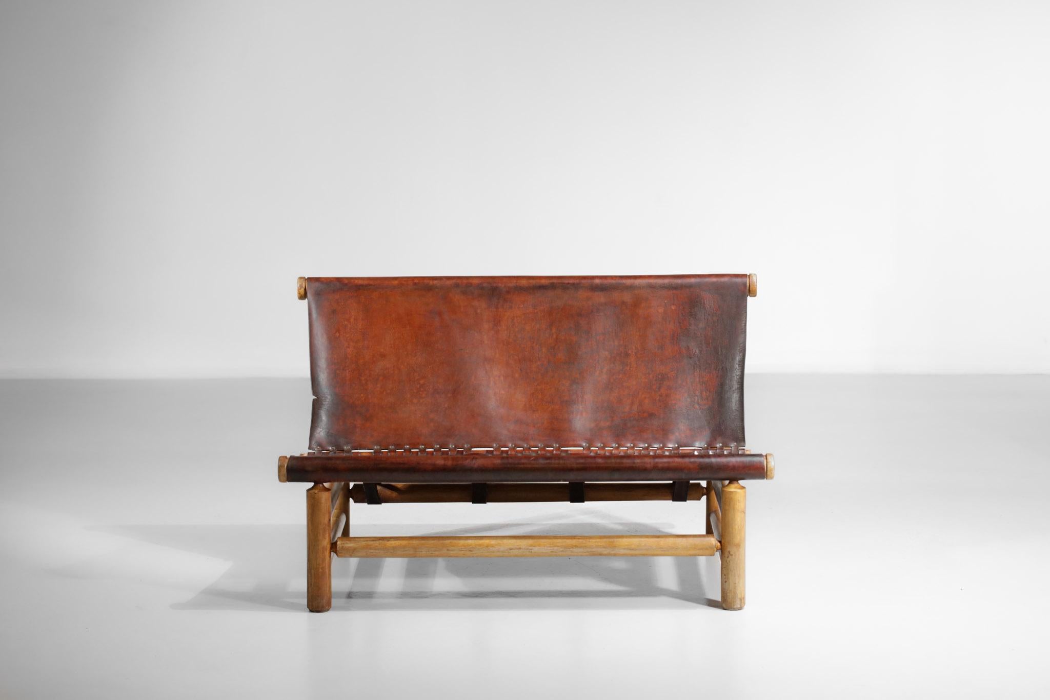 Pine Bench 50s Style Charlotte Perriand or Ilmarii Tapiovaraa Cognac Leather For Sale 11