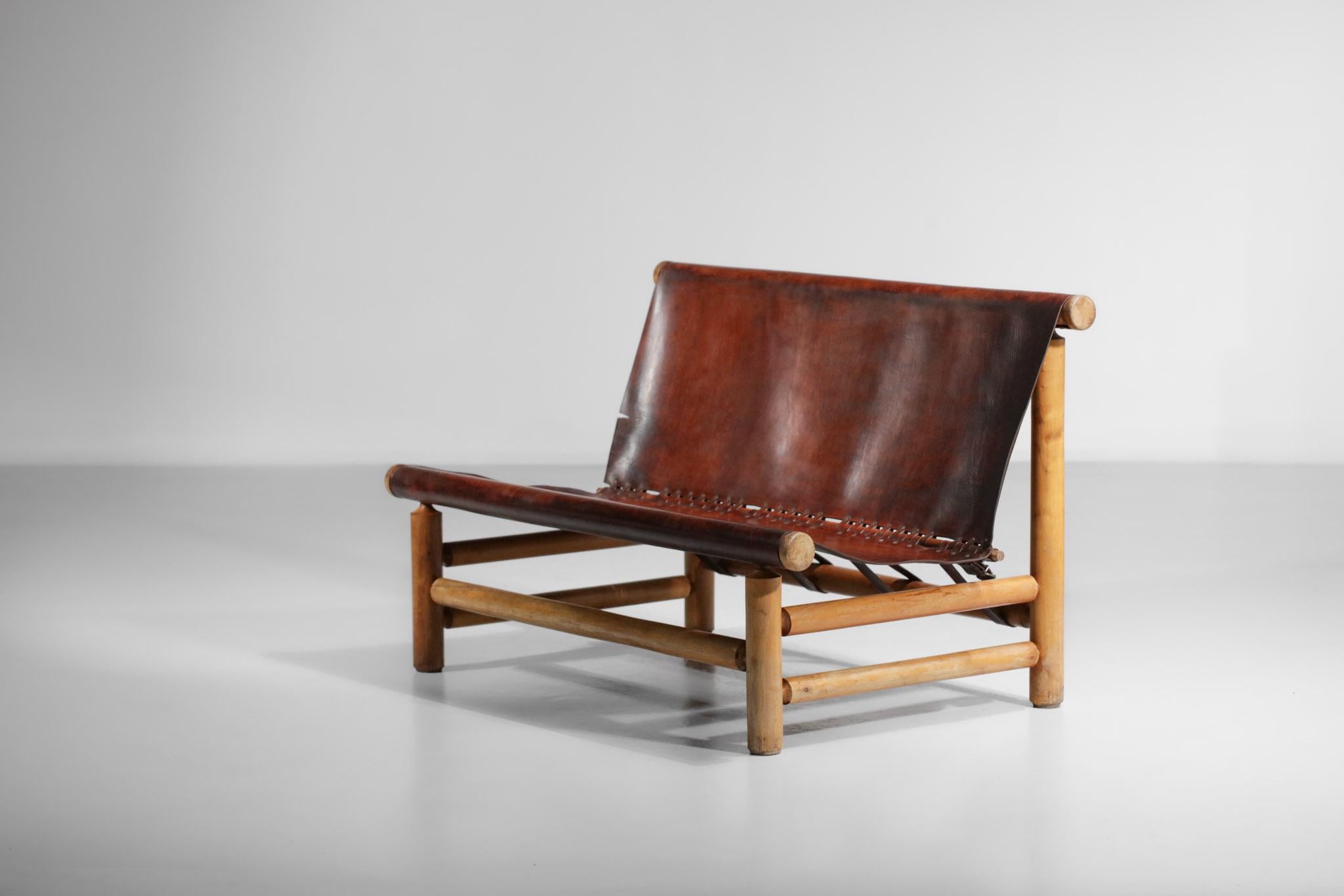 Mid-Century Modern Pine Bench 50s Style Charlotte Perriand or Ilmarii Tapiovaraa Cognac Leather For Sale