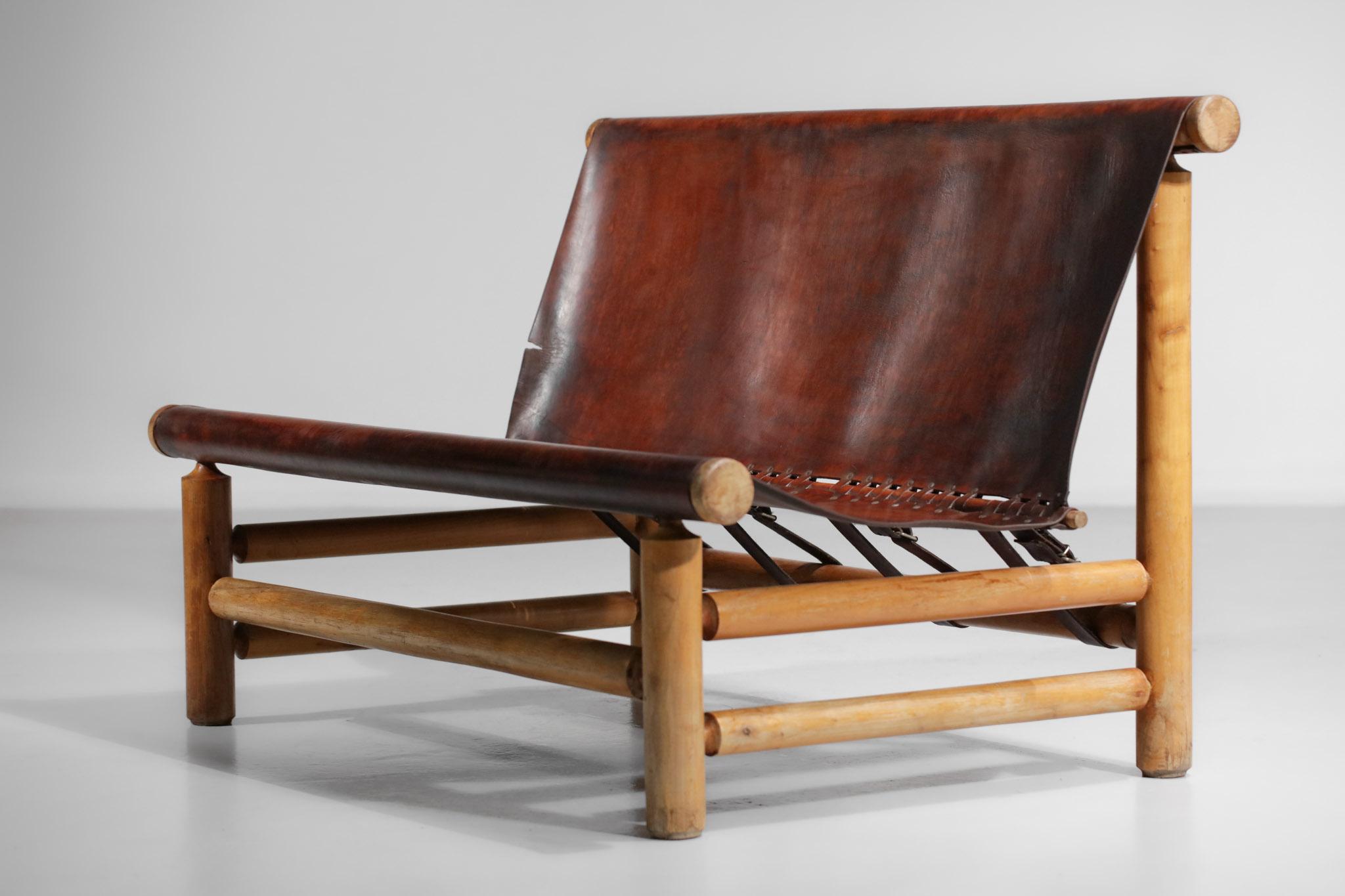 French Pine Bench 50s Style Charlotte Perriand or Ilmarii Tapiovaraa Cognac Leather For Sale