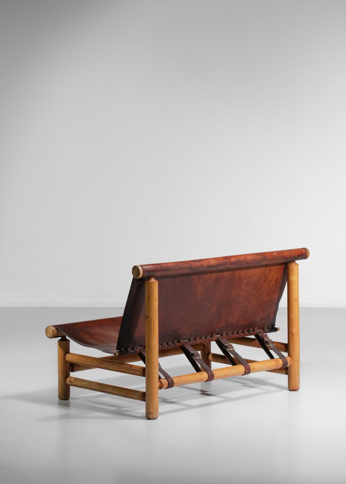 Mid-20th Century Pine Bench 50s Style Charlotte Perriand or Ilmarii Tapiovaraa Cognac Leather For Sale