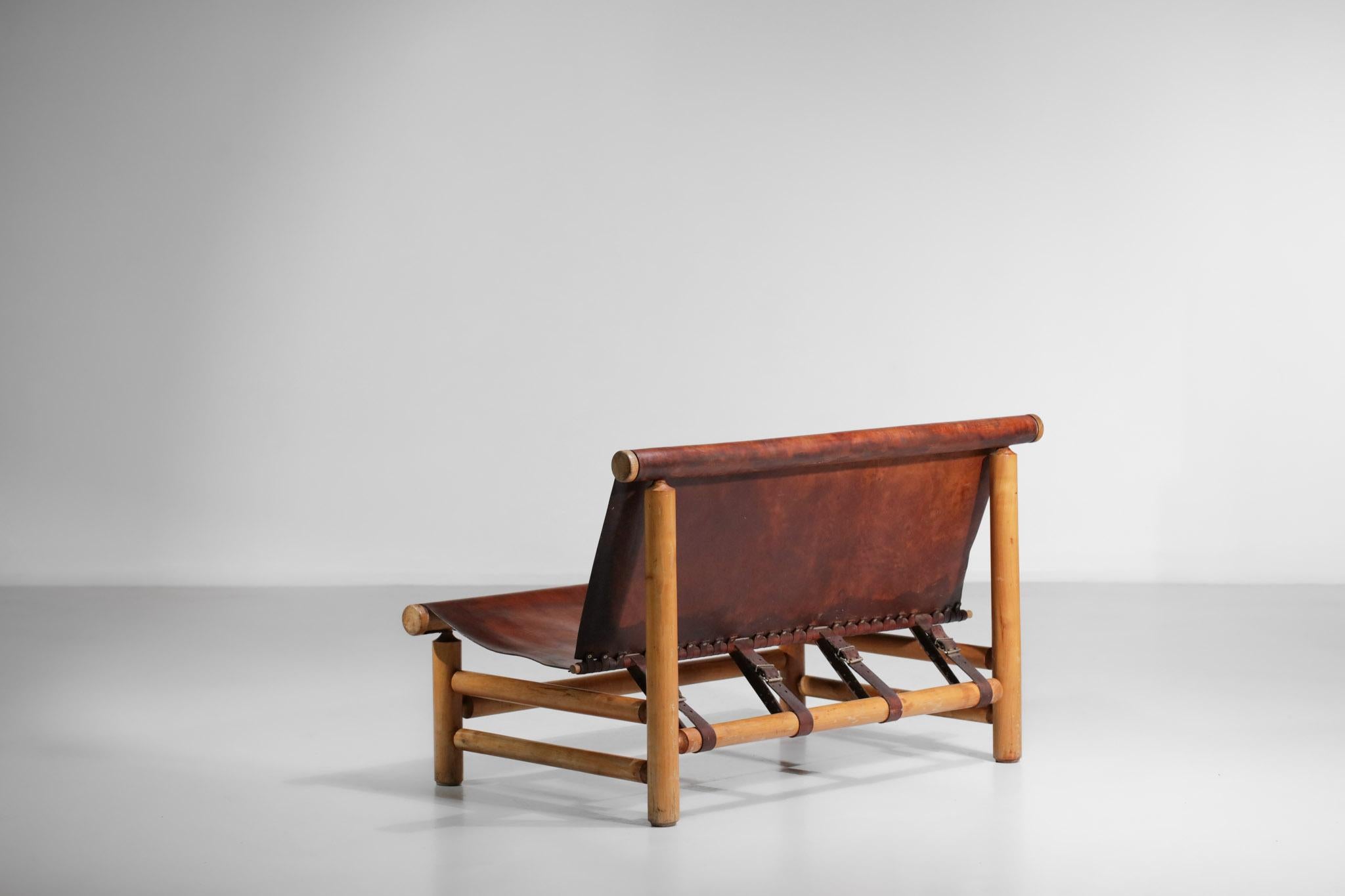 Pine Bench 50s Style Charlotte Perriand or Ilmarii Tapiovaraa Cognac Leather For Sale 1