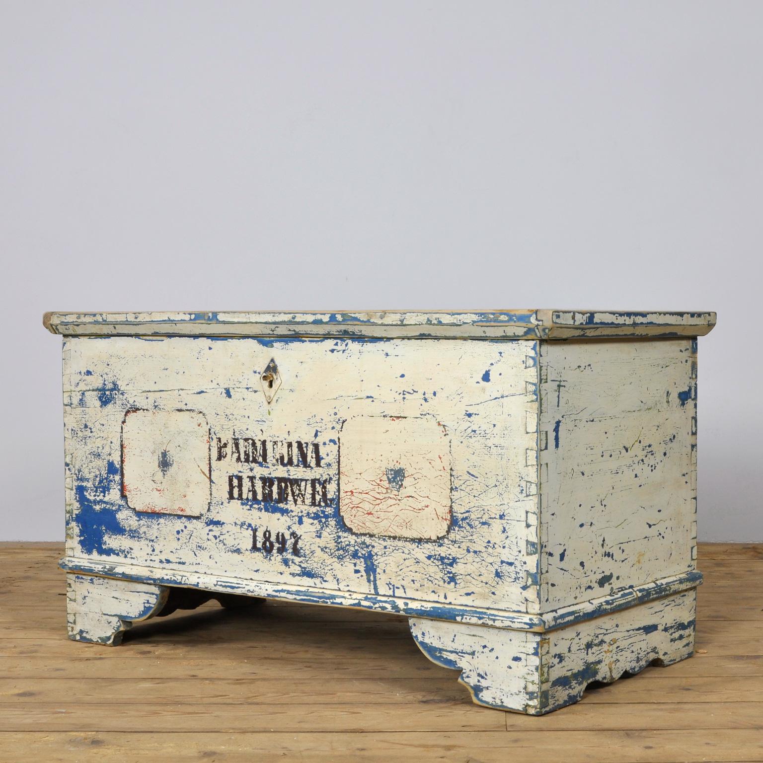 Trunk made of pine. With beautiful distressed paint. Produced in 1892.