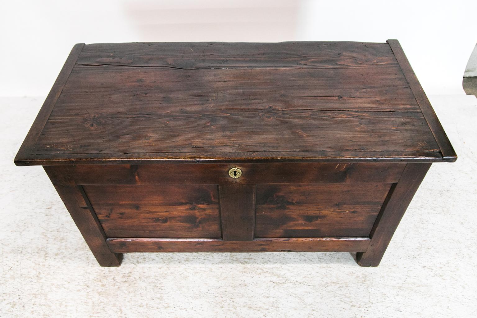 The interior of this pine blanket chest has a persimmon candle box. The escutcheon is original.