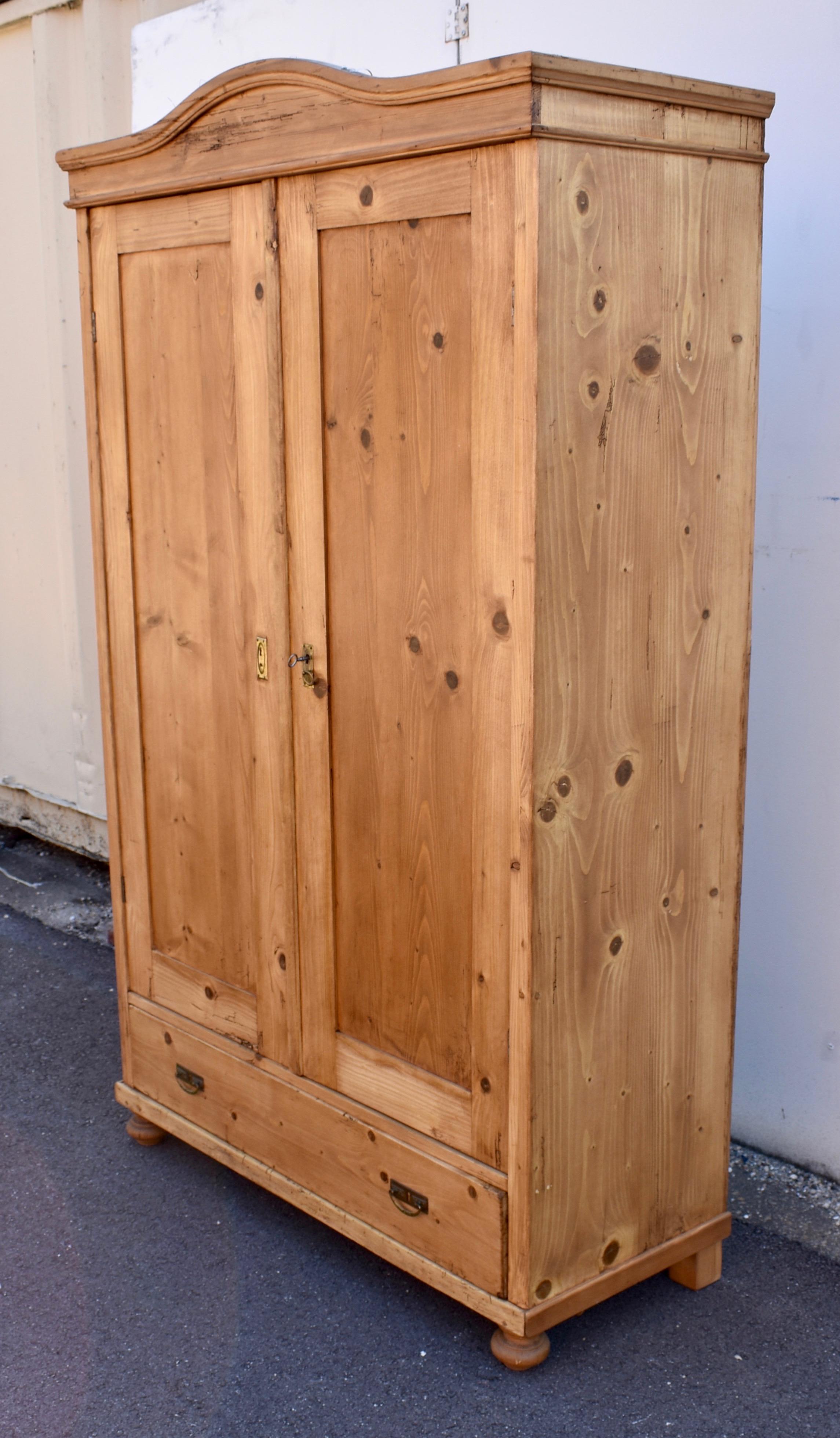 Belgian Pine Bonnet-Top Armoire with Two Doors and One Drawer