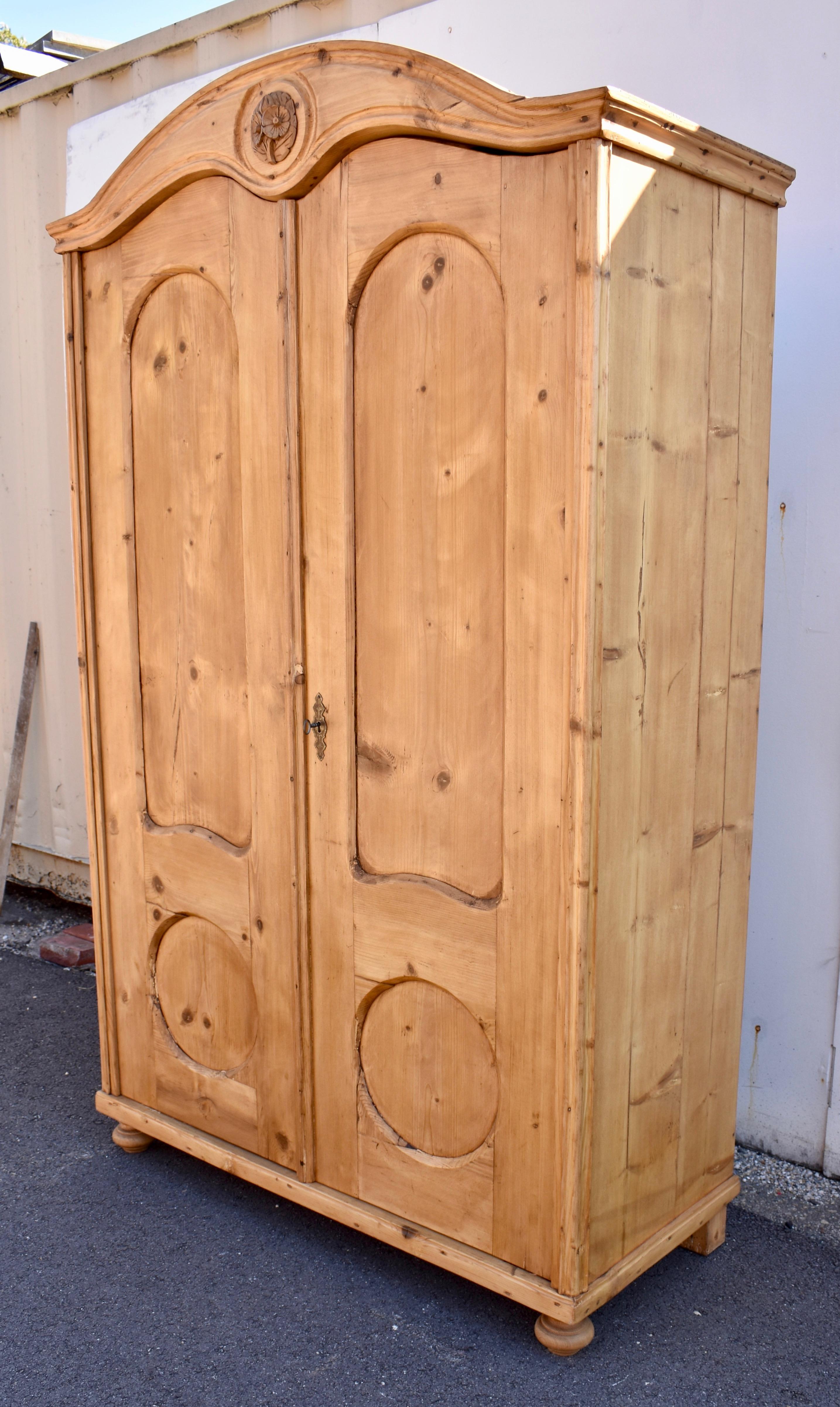 Hungarian Pine Bonnet-Top Armoire with Two Doors and One Drawer