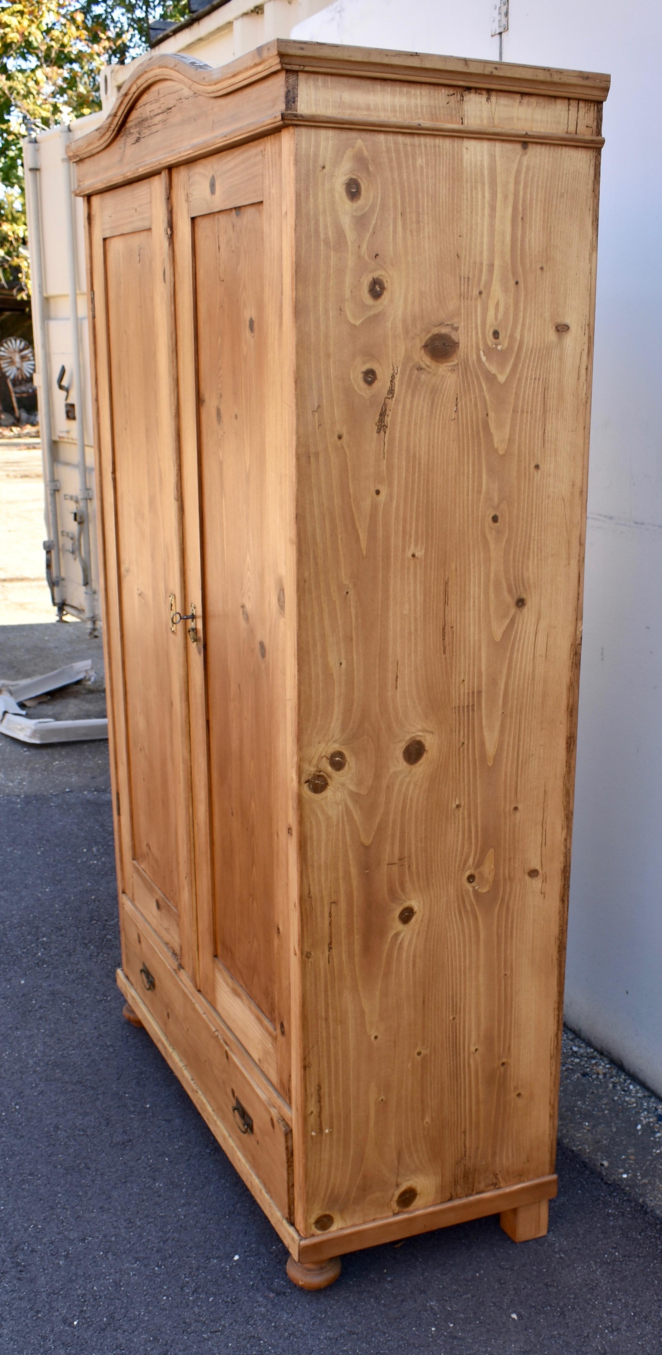 Polished Pine Bonnet-Top Armoire with Two Doors and One Drawer