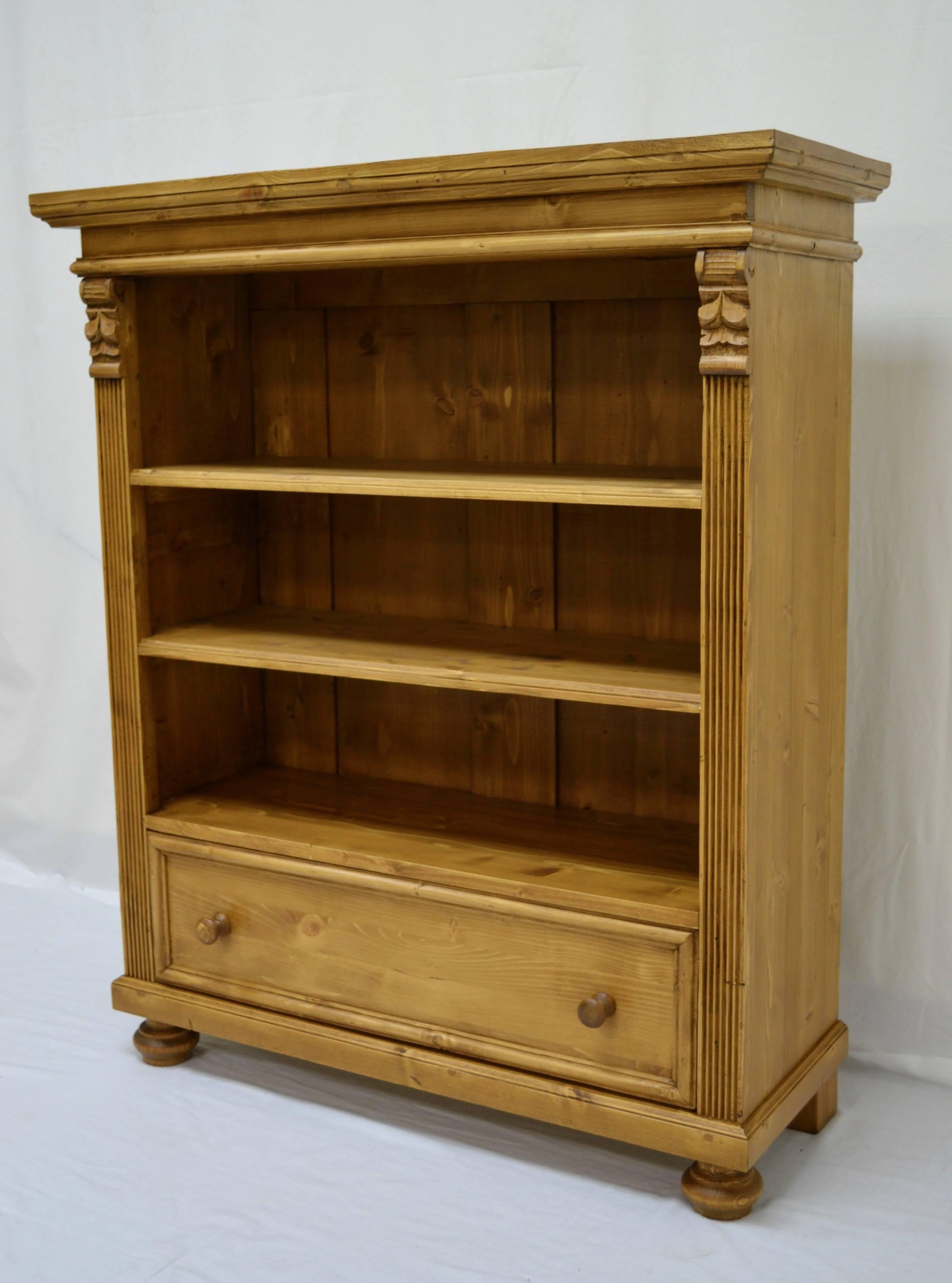Polished Pine Bookcase with Drawer