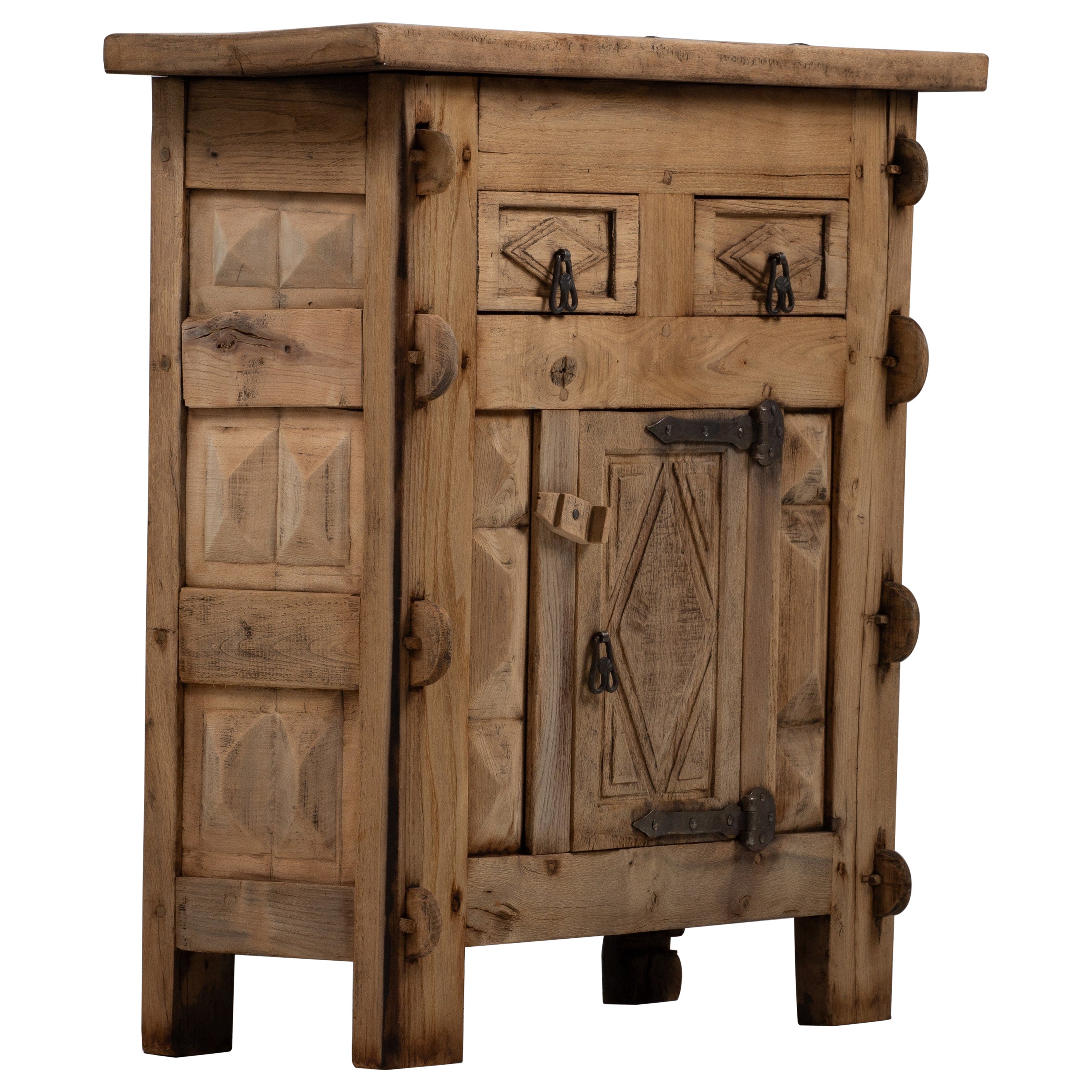 Pine Cabinet with Carved Panels and Wrought Iron, Basque Workshop, 1950s For Sale