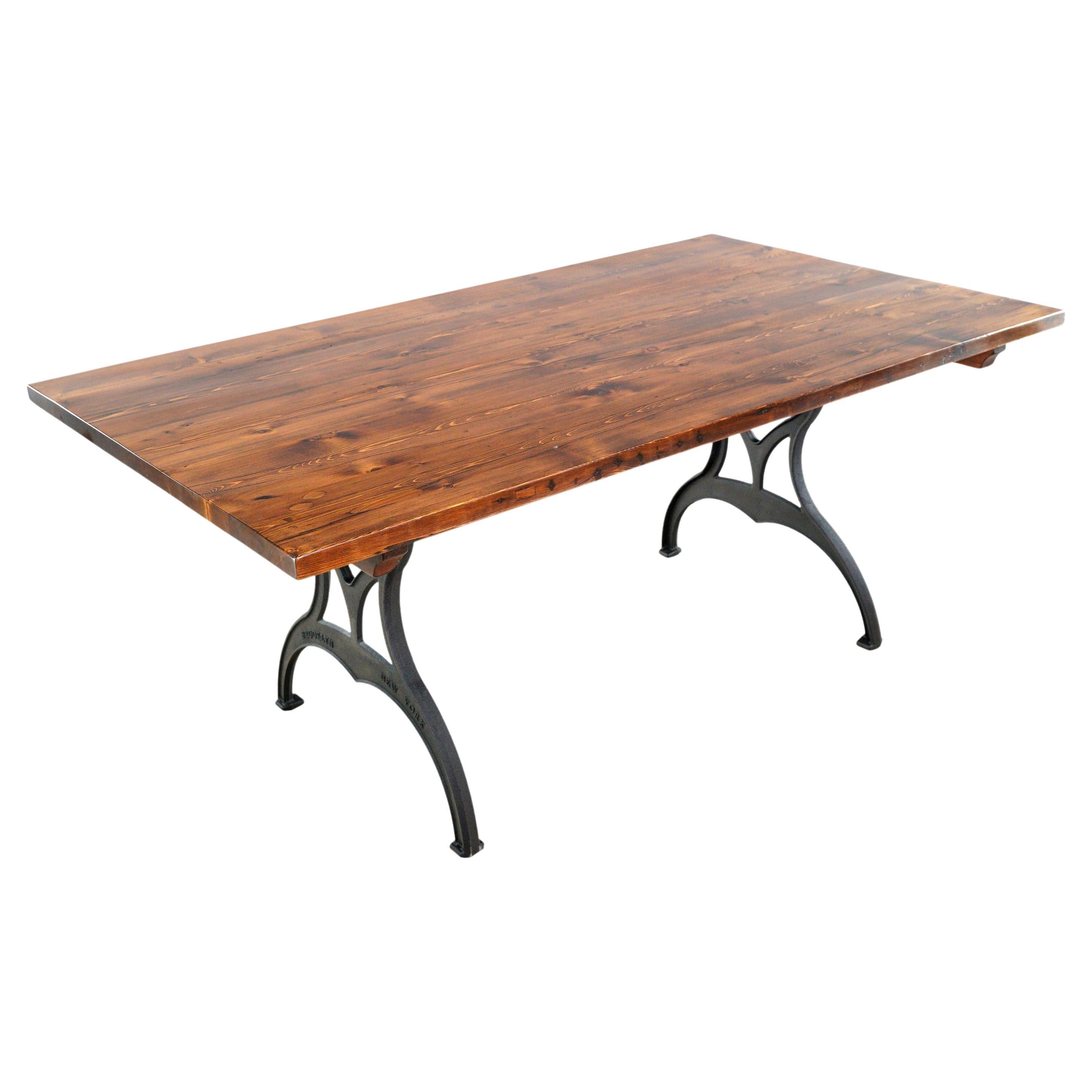 Pine Dining Table w 2 Extensions + Cast Iron Brooklyn Legs For Sale at